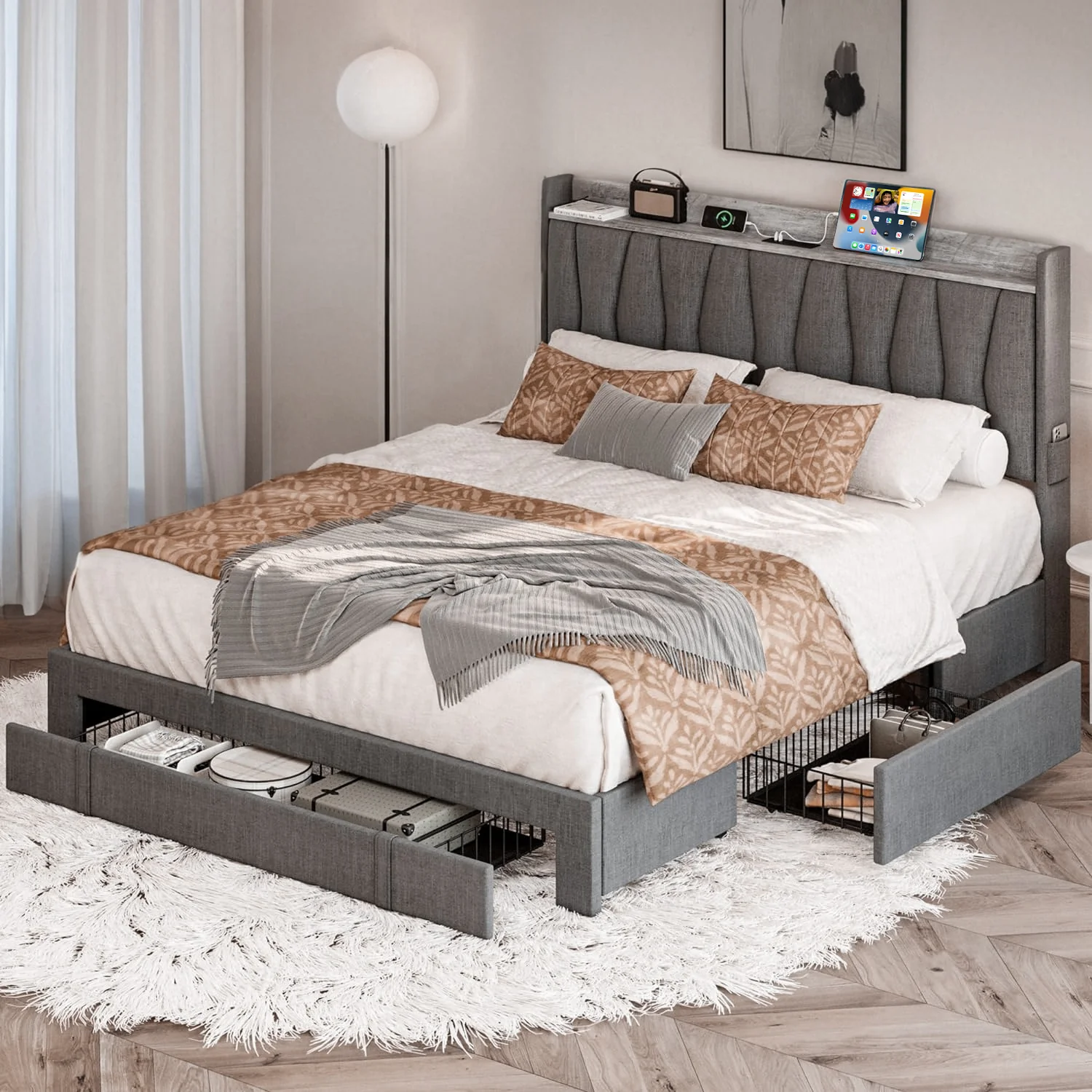 Classic Discontinued Bed Frame with 3 Drawers Upholstered Platform Bed with Storage Headboard and Charging Cradle No Box Spring Needed Discontinued Bed Frame with 3 Drawers Upholstered Platform Bed with Storage Headboard and Charging Cradle No Box Spring Needed Responsible
