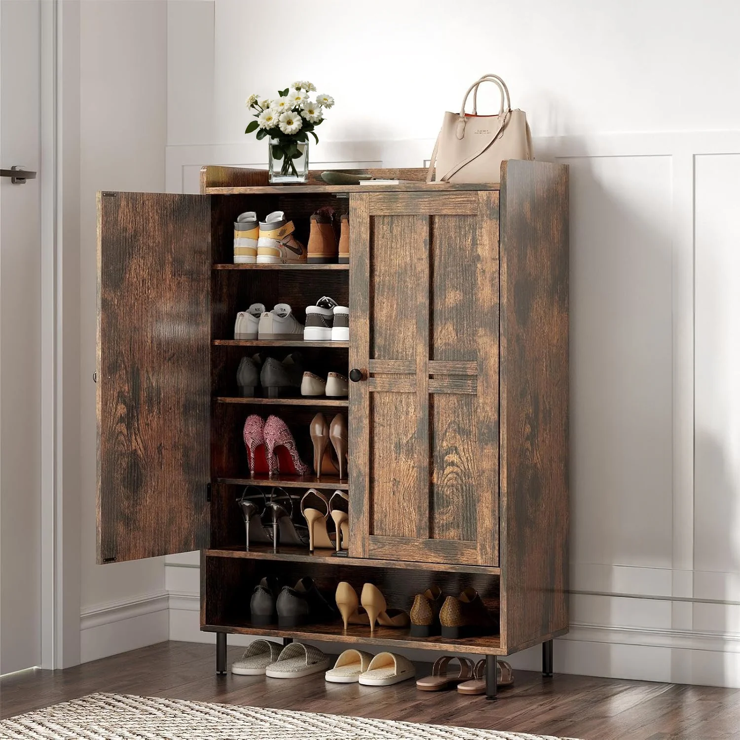 Selected 6-Tier Entryway Shoe Cabinet with Cross Molded Doors and 3 Adjustable Shelves standing Shoe Organizer6-Tier Entryway Shoe Cabinet with Cross Molded Doors and 3 Adjustable Shelves standing Shoe Organizer Casual