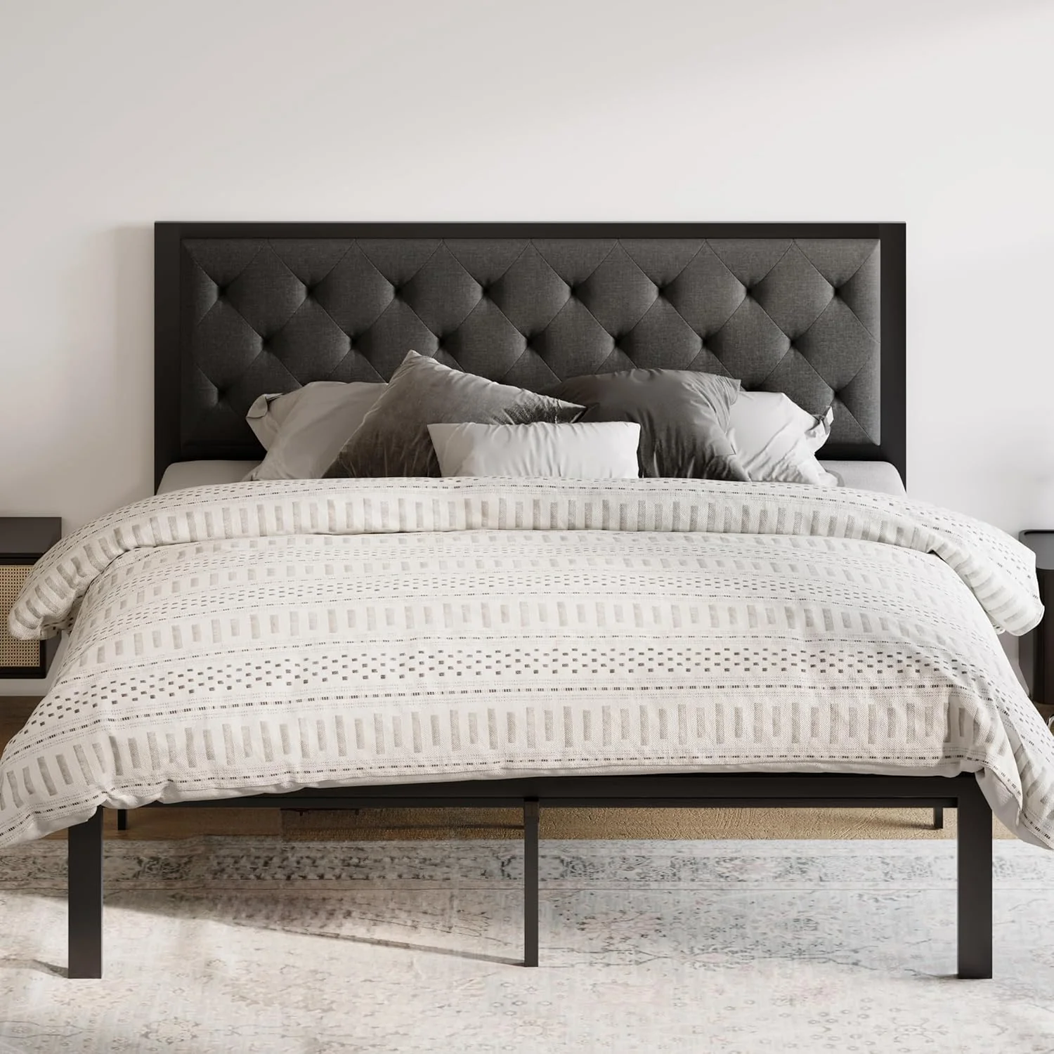 Crafted Upholstered Headboard Bed Frame Chic Diamond Seam Tufting Design No Springs Required Dark GrayUpholstered Headboard Bed Frame Chic Diamond Seam Tufting Design No Springs Required Dark Gray Luxury