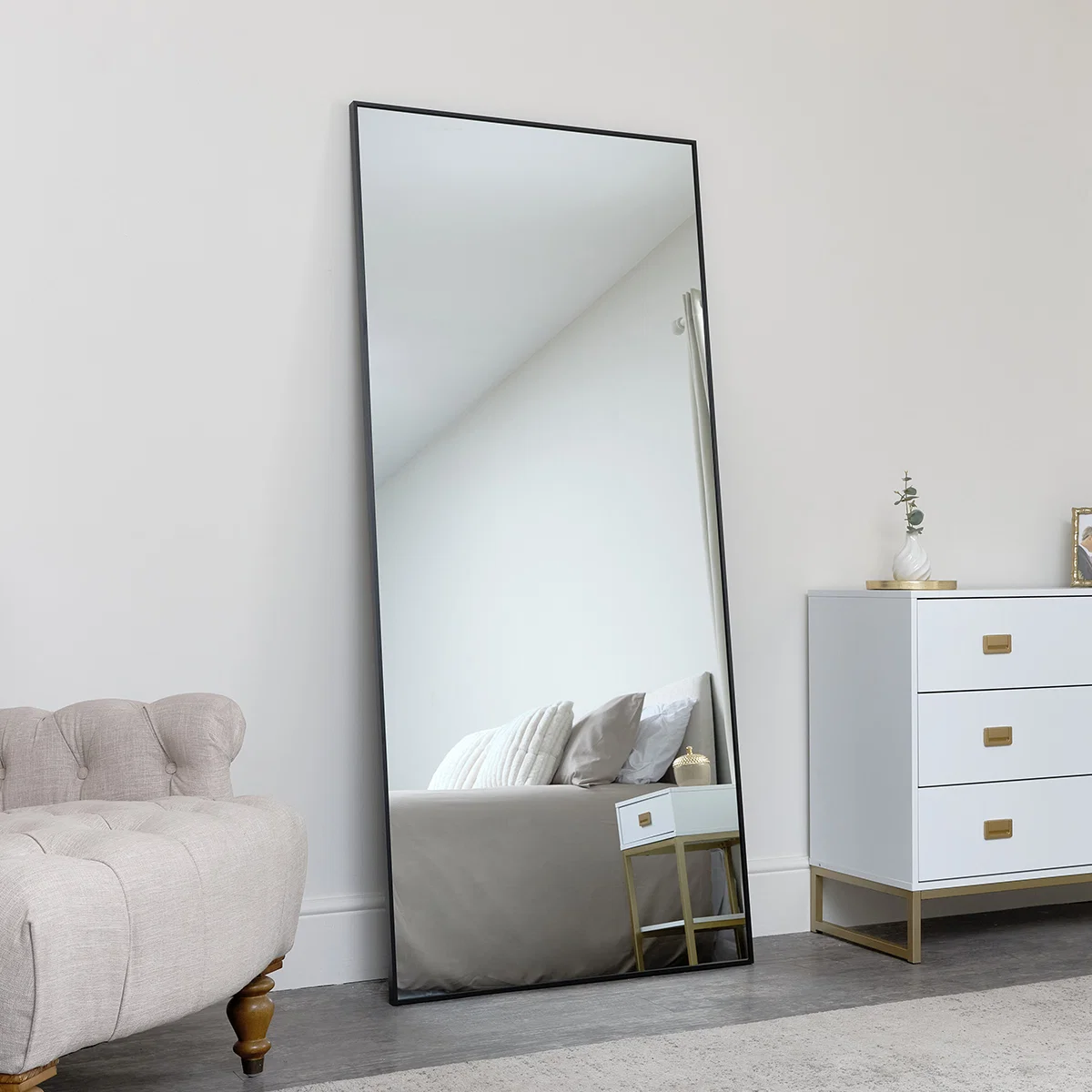 Safe Large Black Thin Framed Leaner Mirror 80cm x 180cm Modern