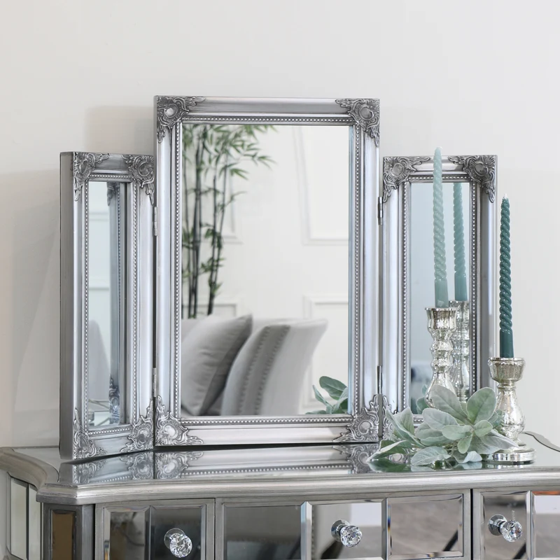 Quality Ornate Vintage Silver Triple Dressing Table Mirror 55cm x 74cm Professional