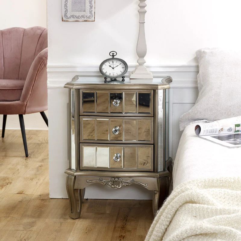 Casual Mirrored 3 Drawer Bedside Table – Tiffany Range Traditional