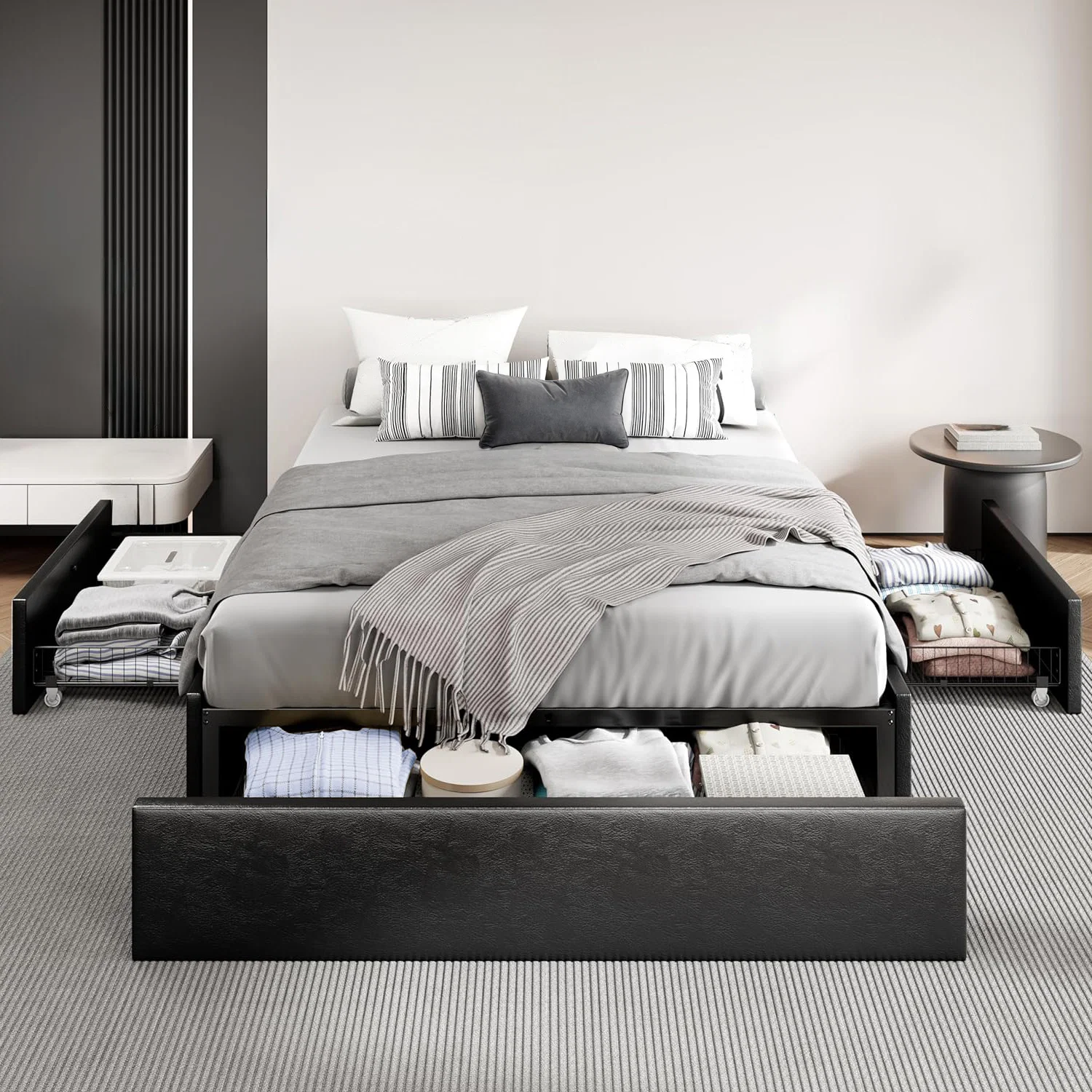 Functional Faux Leather Upholstered Platform Bed Frame with 3 Storage Drawers Headboard Compatible No Box Spring Required BlackFaux Leather Upholstered Platform Bed Frame with 3 Storage Drawers Headboard Compatible No Box Spring Required Black Powerful