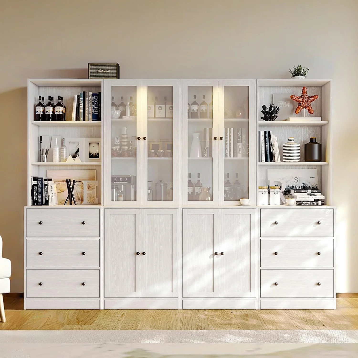Powerful Combination Bookcase 4-Piece Set 2pcs 71-inch Bookcase with Drawers Shelves 2pcs 5-layer Storage Cabinet with Glass DoorsCombination Bookcase 4-Piece Set 2pcs 71-inch Bookcase with Drawers Shelves 2pcs 5-layer Storage Cabinet with Glass Doors Authentic