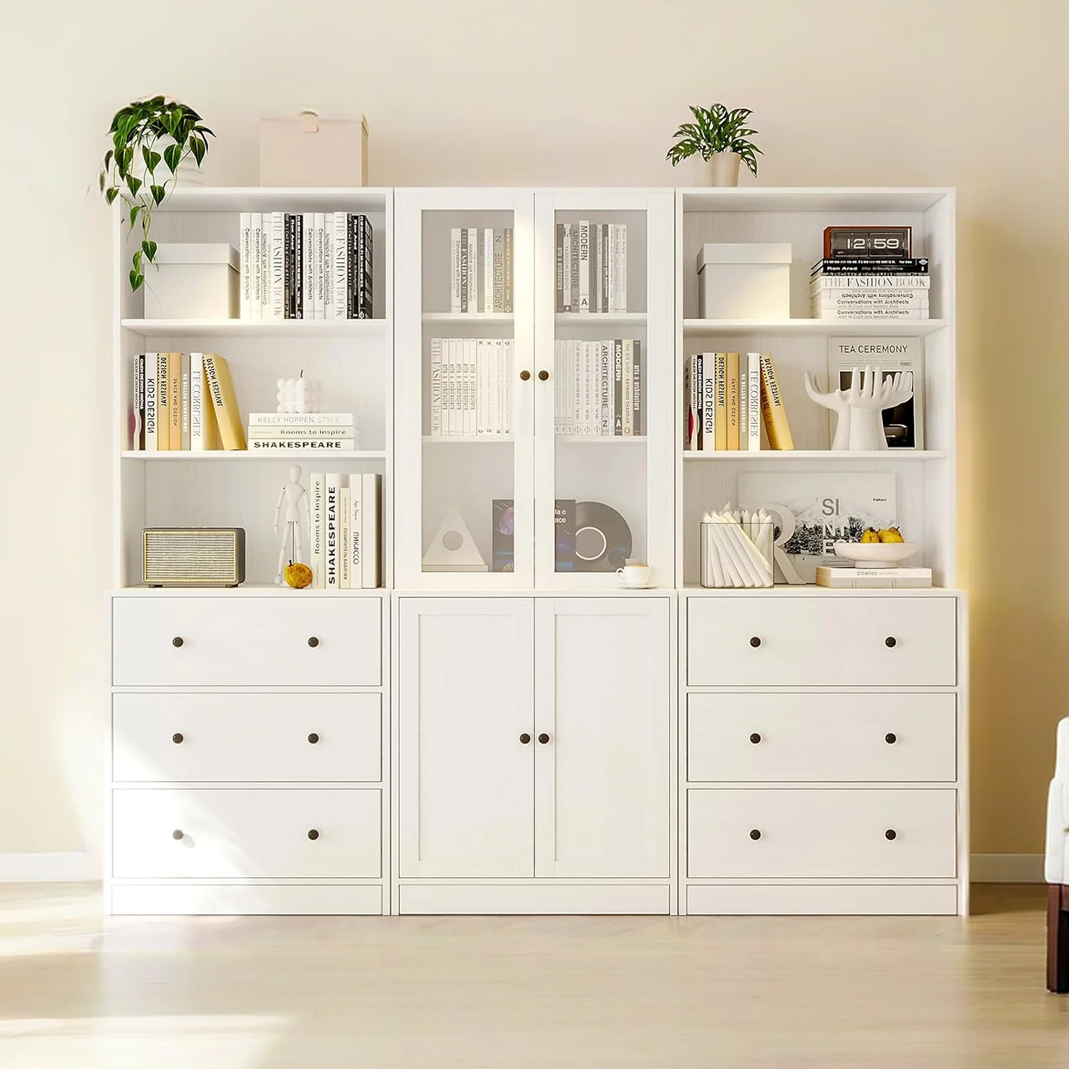 Easy-to-Use Combination Bookcase 3-Piece Set 2pcs 71-inch Bookcase with Drawers Shelves 5-layer Storage Cabinet with Glass DoorsCombination Bookcase 3-Piece Set 2pcs 71-inch Bookcase with Drawers Shelves 5-layer Storage Cabinet with Glass Doors Fine