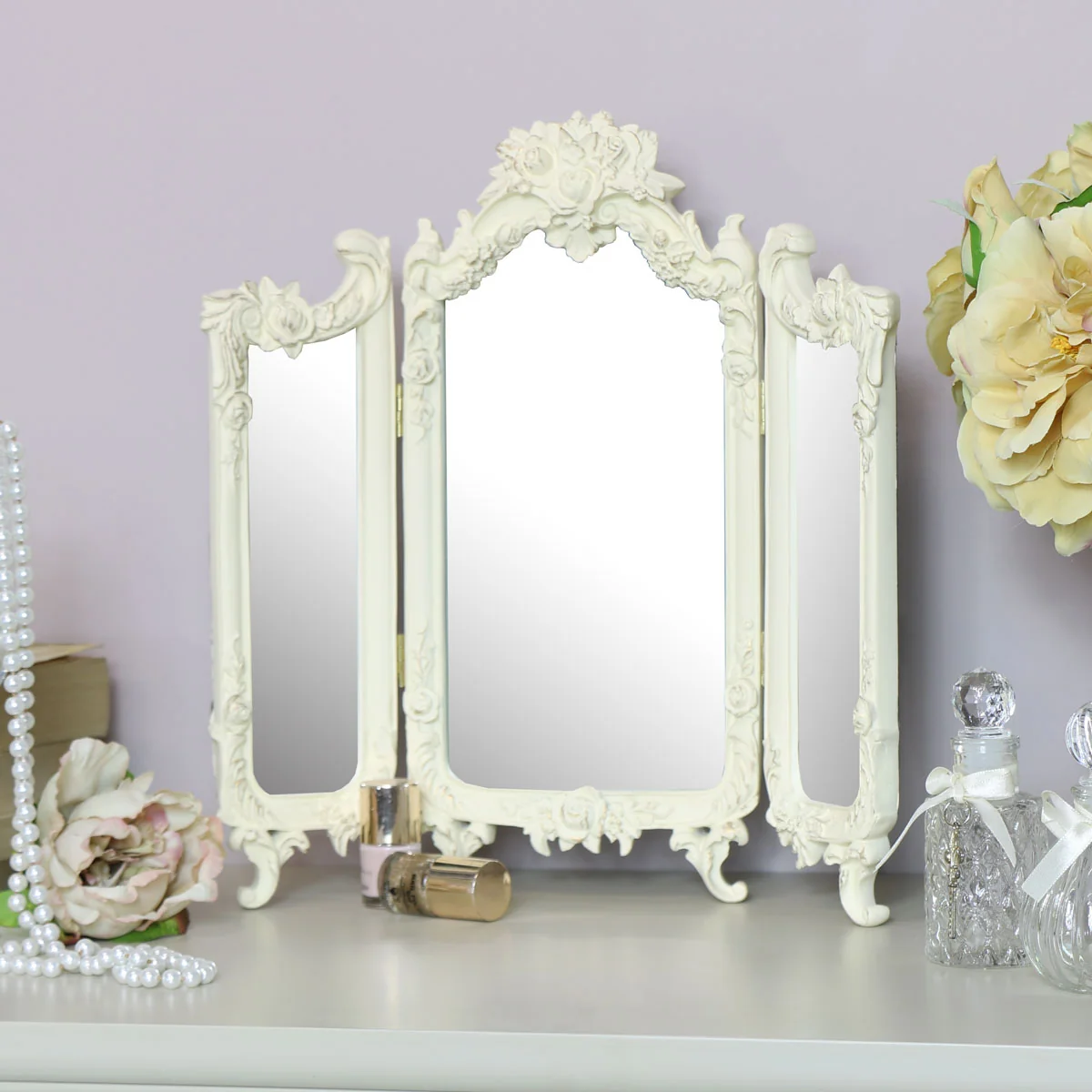 Fashionable Small Ornate Cream Rose Triple Mirror – 38cm x 38cm High-End