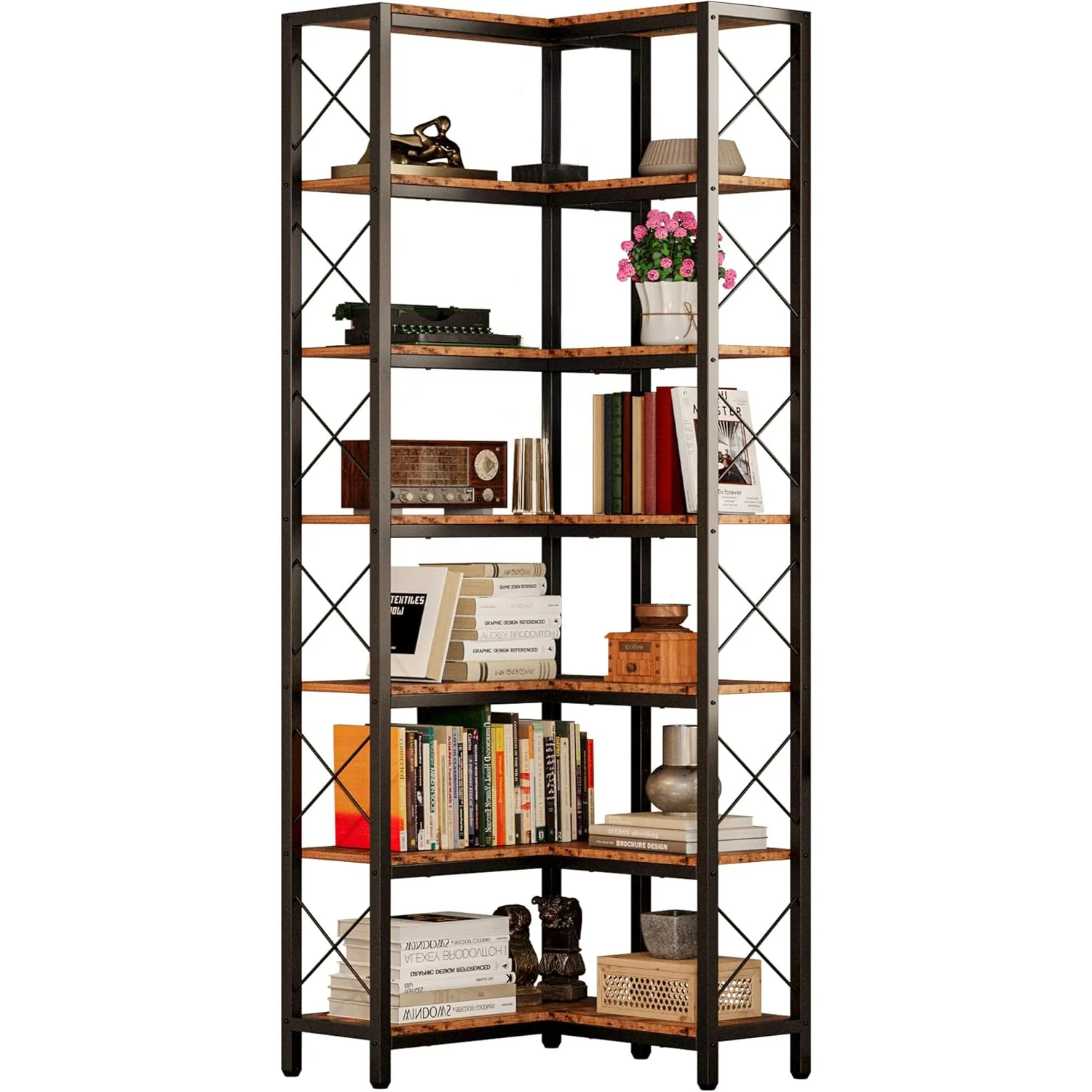 Prestigious 7-Tier Industrial Corner Bookshelf Corner Shelf Tall Storage Display Rack with Metal Frame for Living Room Home Office7-Tier Industrial Corner Bookshelf Corner Shelf Tall Storage Display Rack with Metal Frame for Living Room Home Office Innovative