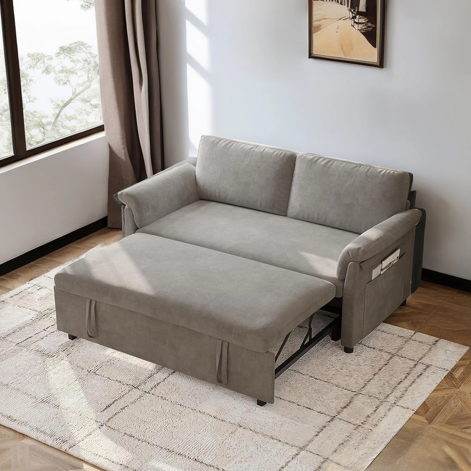 Fashionable 60 Inch Chenille Convertible Sofa Bed 3 in 1 Sofa Bed with Pullout Bed with Adjustable Backrest and Side Pockets60 Inch Chenille Convertible Sofa Bed 3 in 1 Sofa Bed with Pullout Bed with Adjustable Backrest and Side Pockets Solid