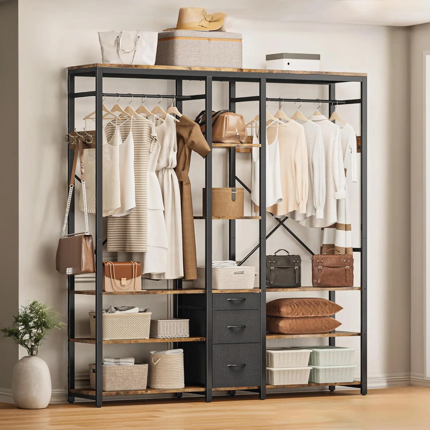 Stylish Industrial Garment Rack Clothes Rack Closet and Storage Shelves Clothes Organizers with 3 DrawersIndustrial Garment Rack Clothes Rack Closet and Storage Shelves Clothes Organizers with 3 Drawers Top-Quality