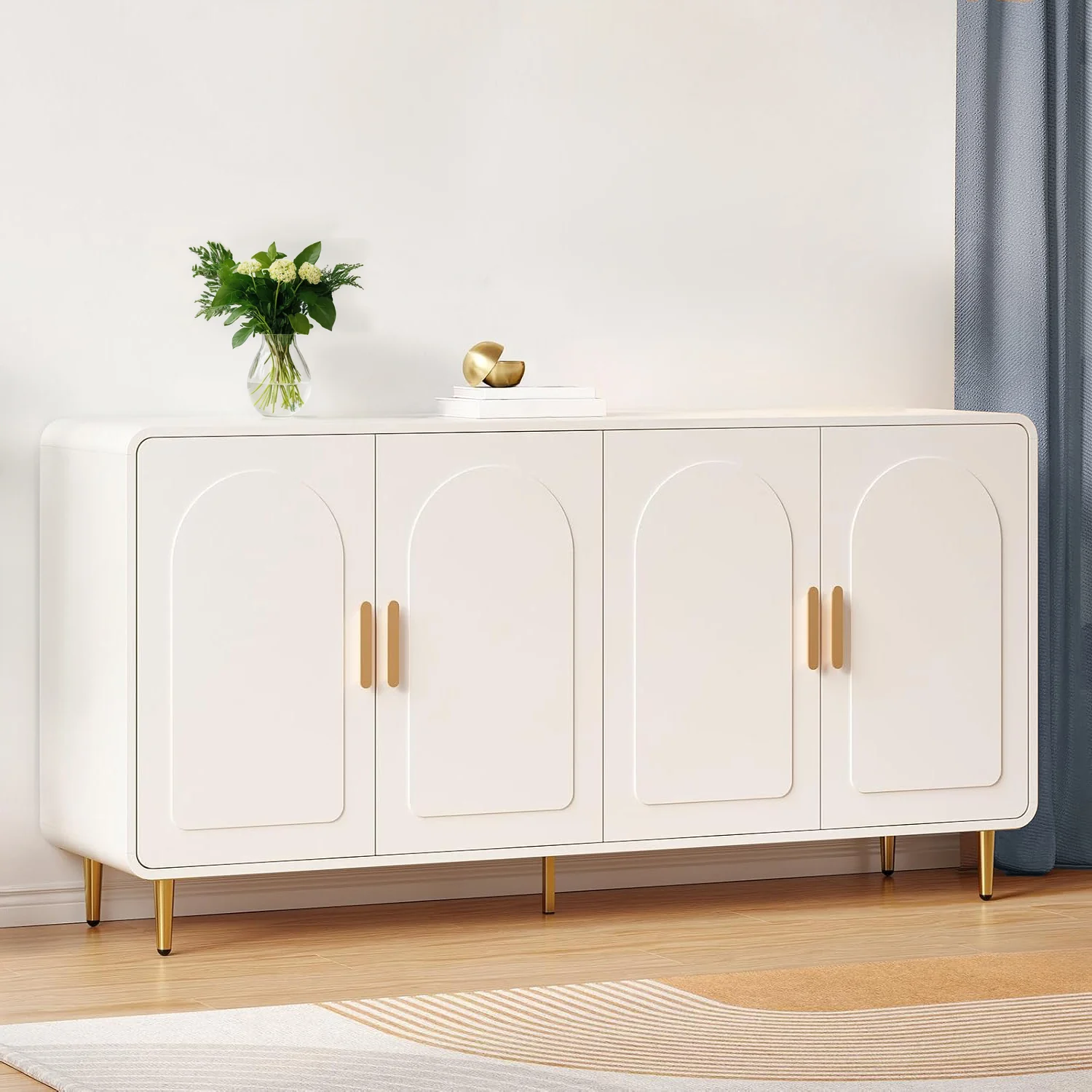 Eco-Friendly Sideboard Cabinet with Adjustable shelf Curved Design Buffet Cabinet with 4 Drawers WhiteSideboard Cabinet with Adjustable shelf Curved Design Buffet Cabinet with 4 Drawers White Fast