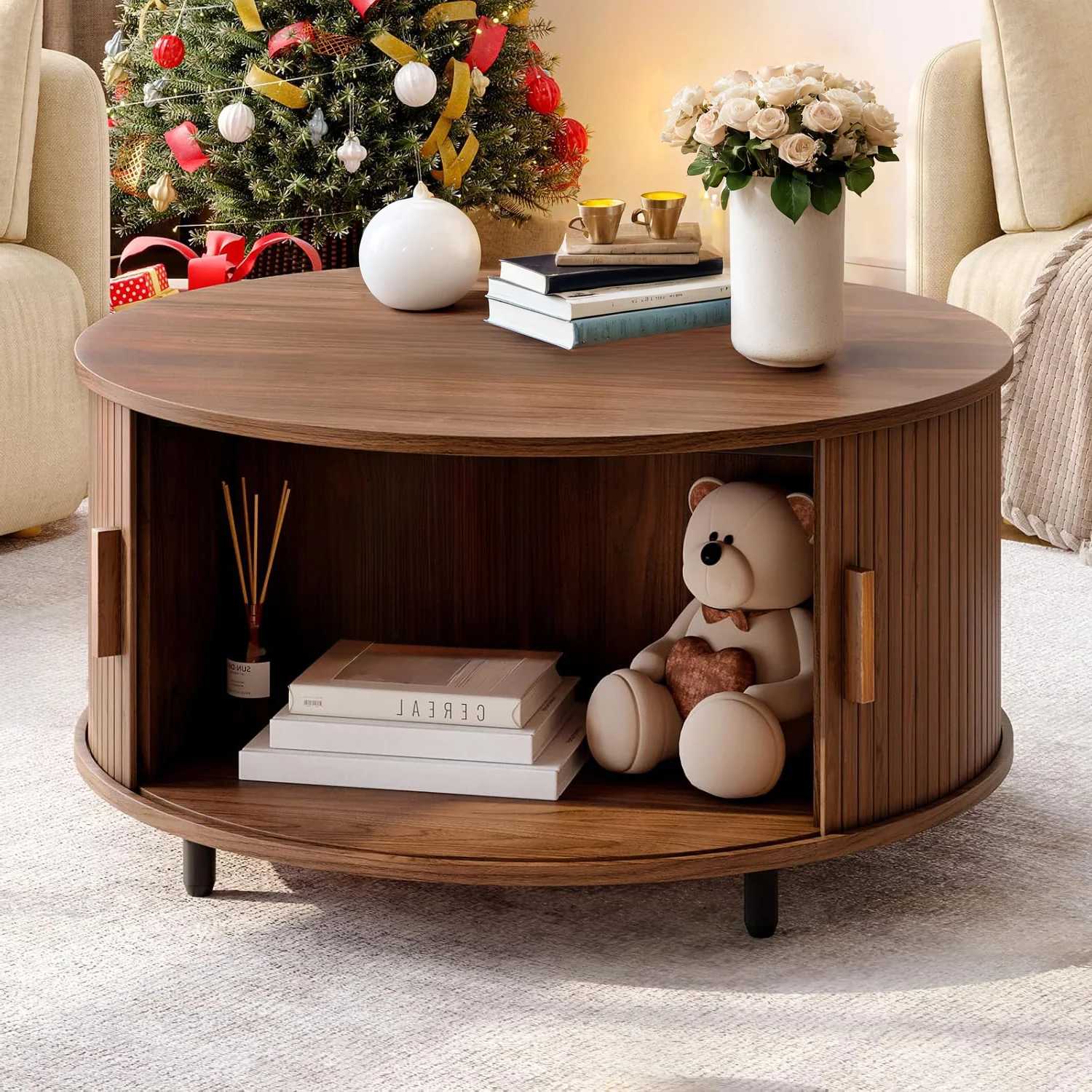 Outstanding 31.5 Round Storage Coffee Table Fluted Wood Coffee Table with Adjustable Footpads and 360° Curved Sliding Door31.5 Round Storage Coffee Table Fluted Wood Coffee Table with Adjustable Footpads and 360° Curved Sliding Door Luxury