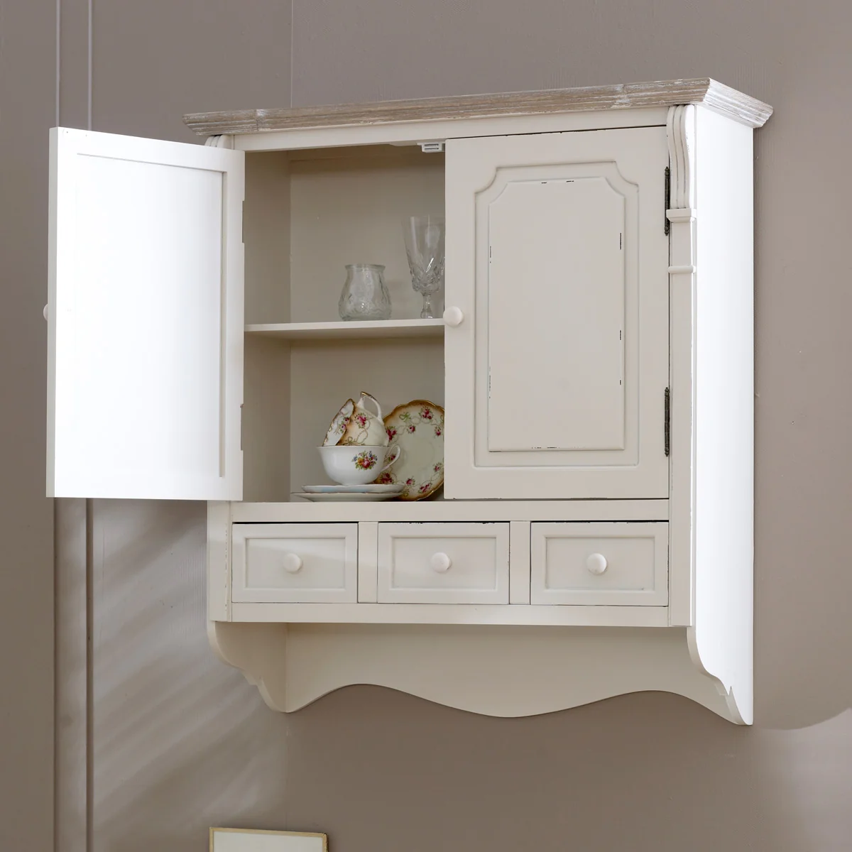 Contemporary Cream Wall Mounted Cupboard with Drawers – Lyon Range Verified