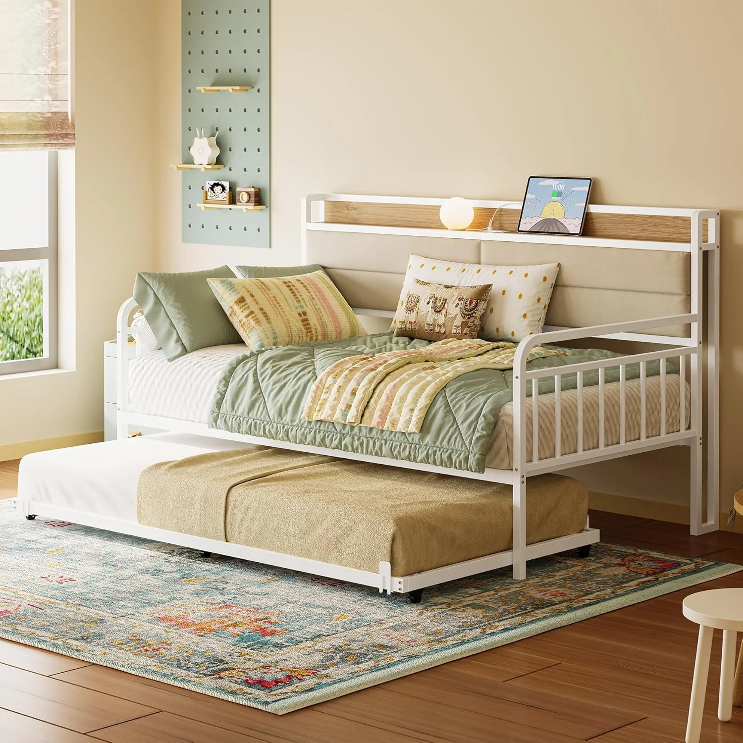 High-Performance Daybed with Trundle Metal Bed Frame with Upholstered Headboard and Charging Station White TwinDaybed with Trundle Metal Bed Frame with Upholstered Headboard and Charging Station White Twin Minimalist