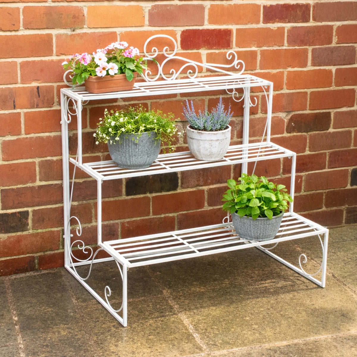 Smart Distressed White Metal Three Tier Plant Theatre Stand Excellent