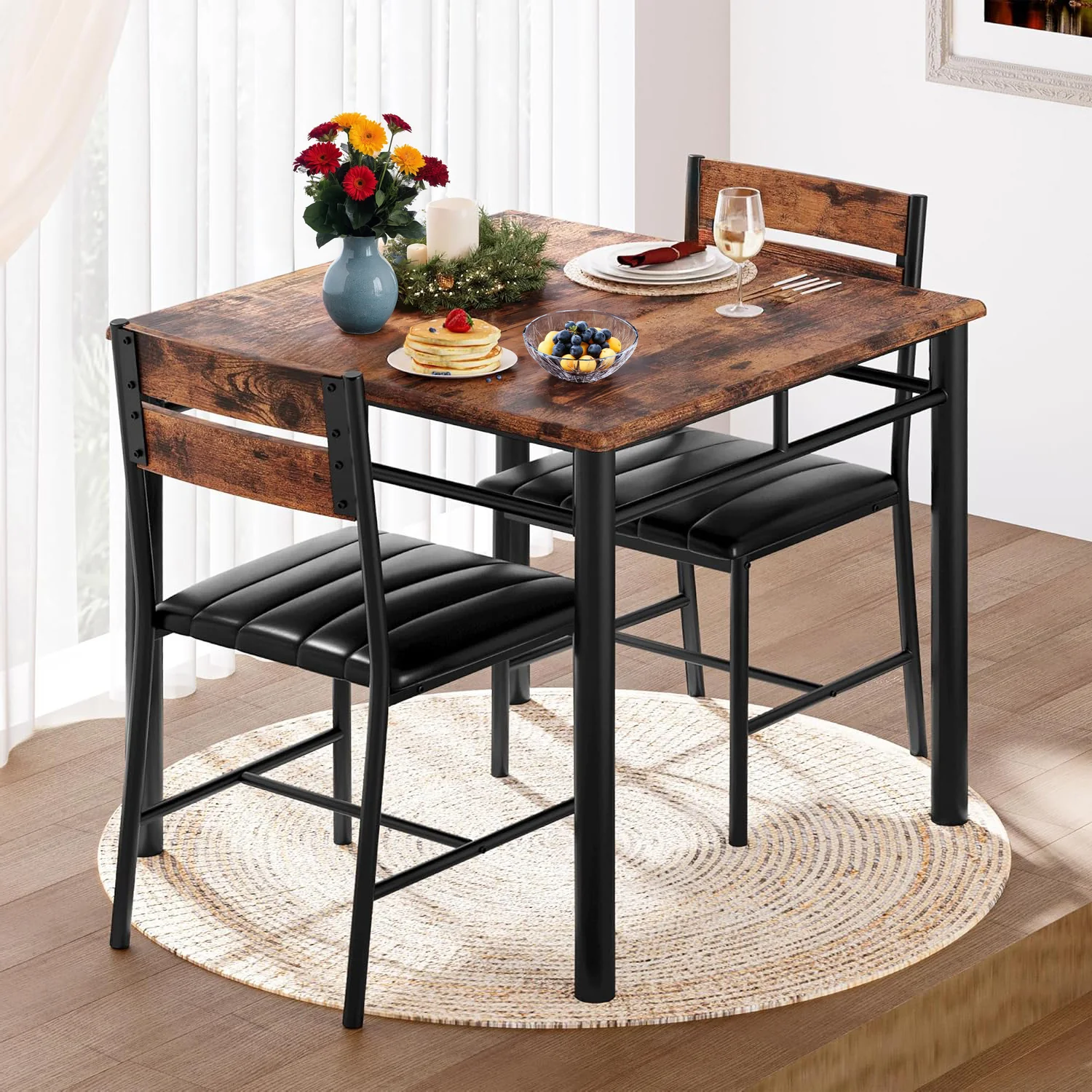 Luxury Dining Table Set for 2 Small Kitchen Table with Upholstered Chairs Compact Dining Set Kitchen Dining RoomDining Table Set for 2 Small Kitchen Table with Upholstered Chairs Compact Dining Set Kitchen Dining Room Natural