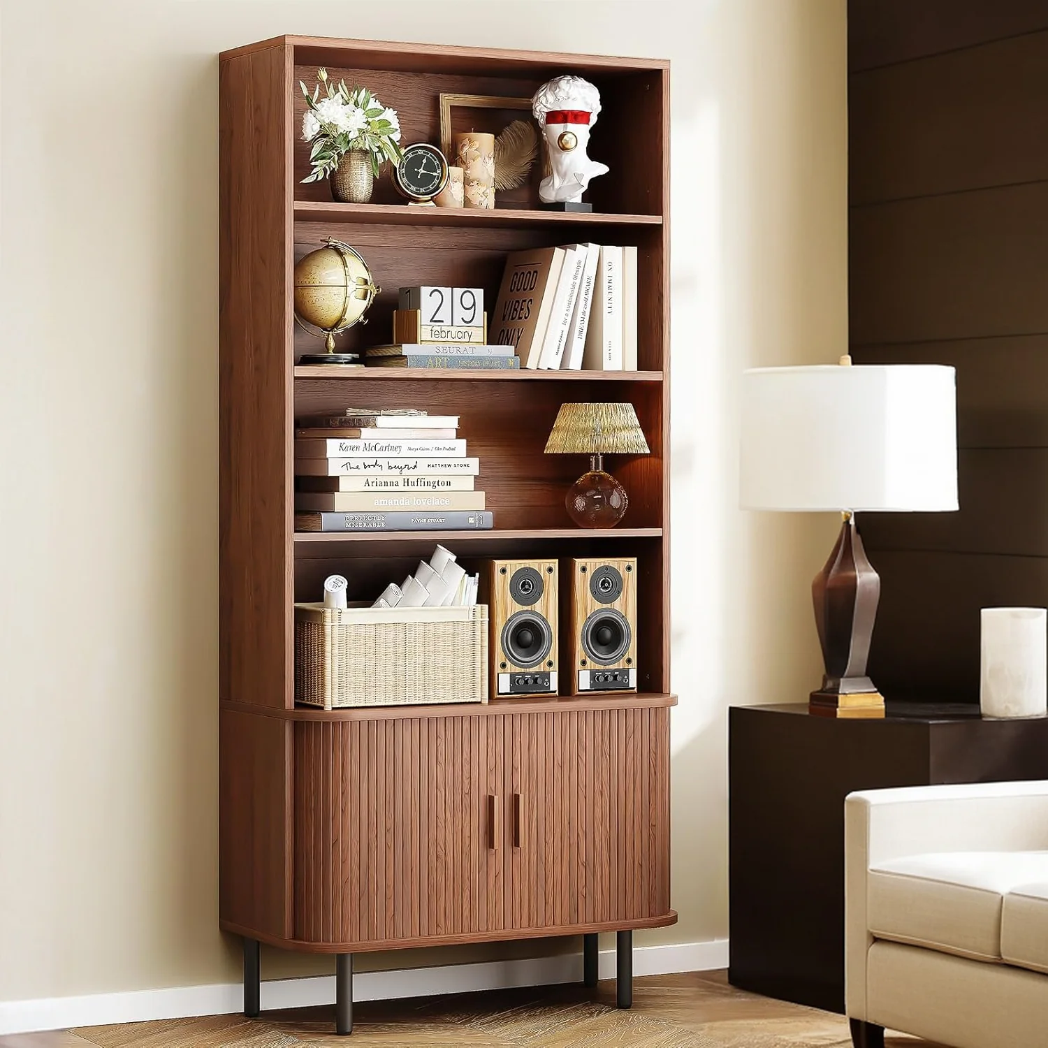 Certified 71 Inch 4-Tier Tall Bookshelve and Bookcase with Storage Cabinet Floor Standing Wooden Bookshelf with Sliding Door and Adjustable Footpad71 Inch 4-Tier Tall Bookshelve and Bookcase with Storage Cabinet Floor Standing Wooden Bookshelf with Sliding Door and Adjustable Footpad Carefully Designed