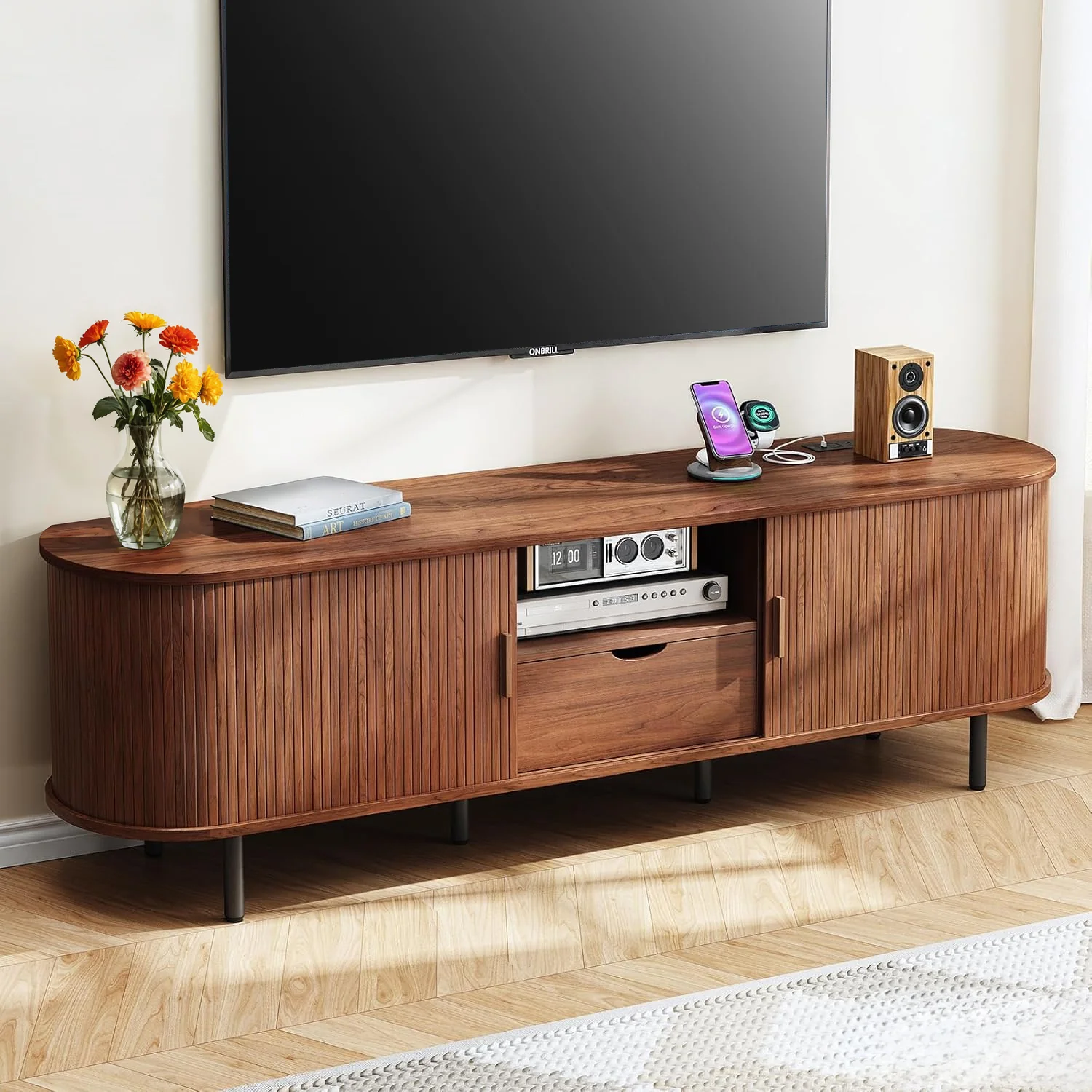 Soft 69 Inch TV Stand with Power Outlet for T up to 80 Inch Entertainment Center with Storage TV Console with Adjustable Shelves and Sliding Door69 Inch TV Stand with Power Outlet for T up to 80 Inch Entertainment Center with Storage TV Console with Adjustable Shelves and Sliding Door Verified
