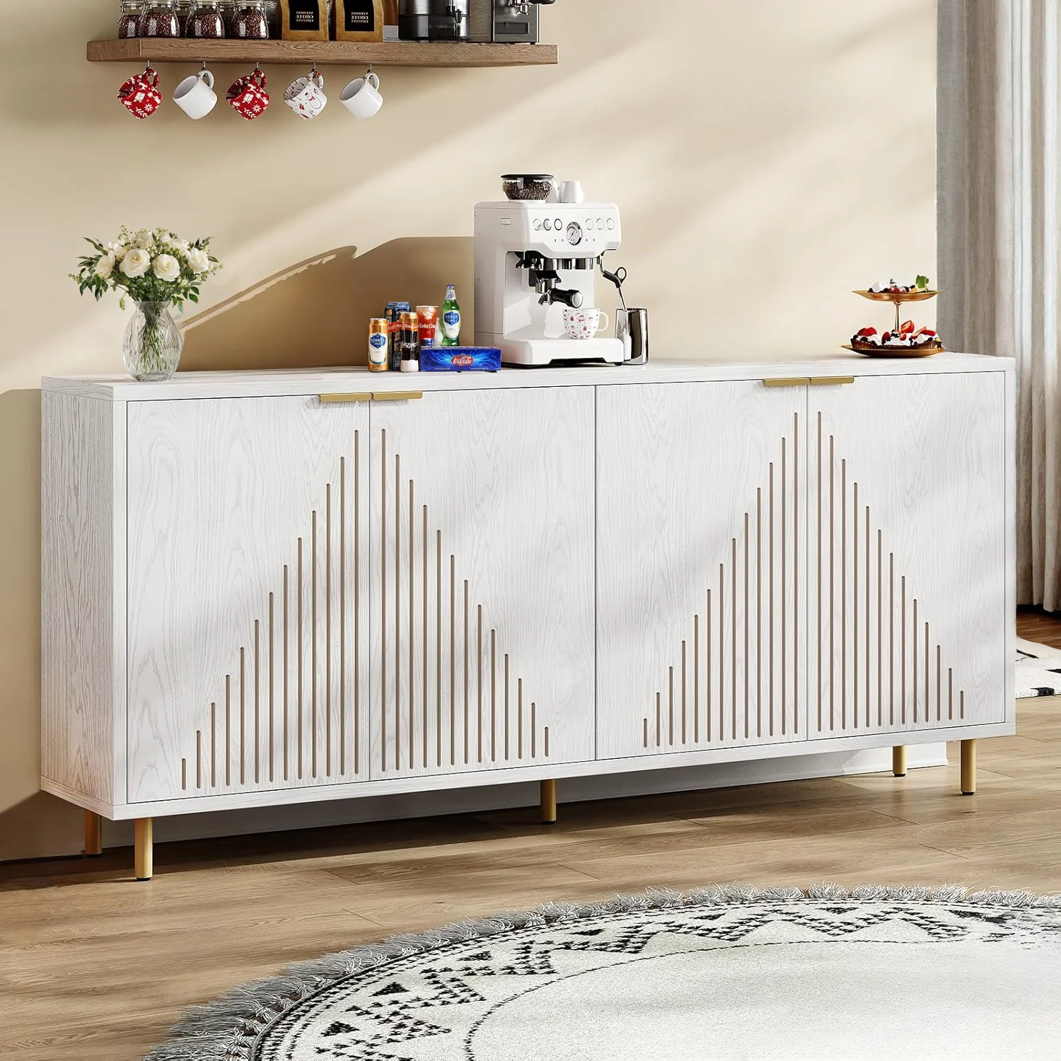 Elegant 59 Inch Modern Sideboard Buffet Cabinet with Storage Kitchen Storage Cabinet Linear Design Coffee Bar Cabinet with 4 Doors and Adjustable Shelves59 Inch Modern Sideboard Buffet Cabinet with Storage Kitchen Storage Cabinet Linear Design Coffee Bar Cabinet with 4 Doors and Adjustable Shelves Secure