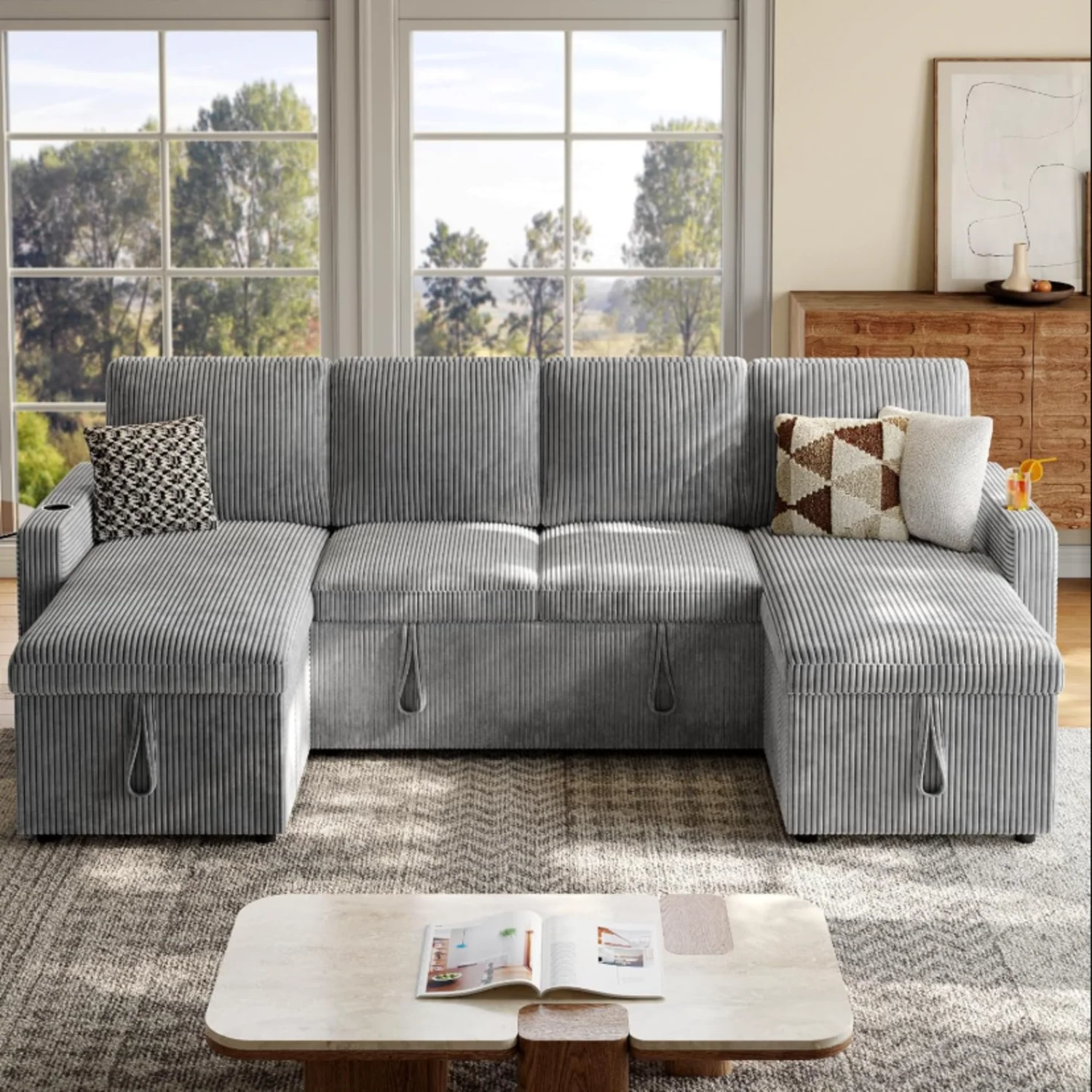 World-Class 101 Inch U-Shaped Sleeper Sofa Couch with Pull Out Bed Corduroy Sectional Sofa Bed Couch with Double Storage Chaise 2 Charging Ports Cup Holder101 Inch U-Shaped Sleeper Sofa Couch with Pull Out Bed Corduroy Sectional Sofa Bed Couch with Double Storage Chaise 2 Charging Ports Cup Holder Original