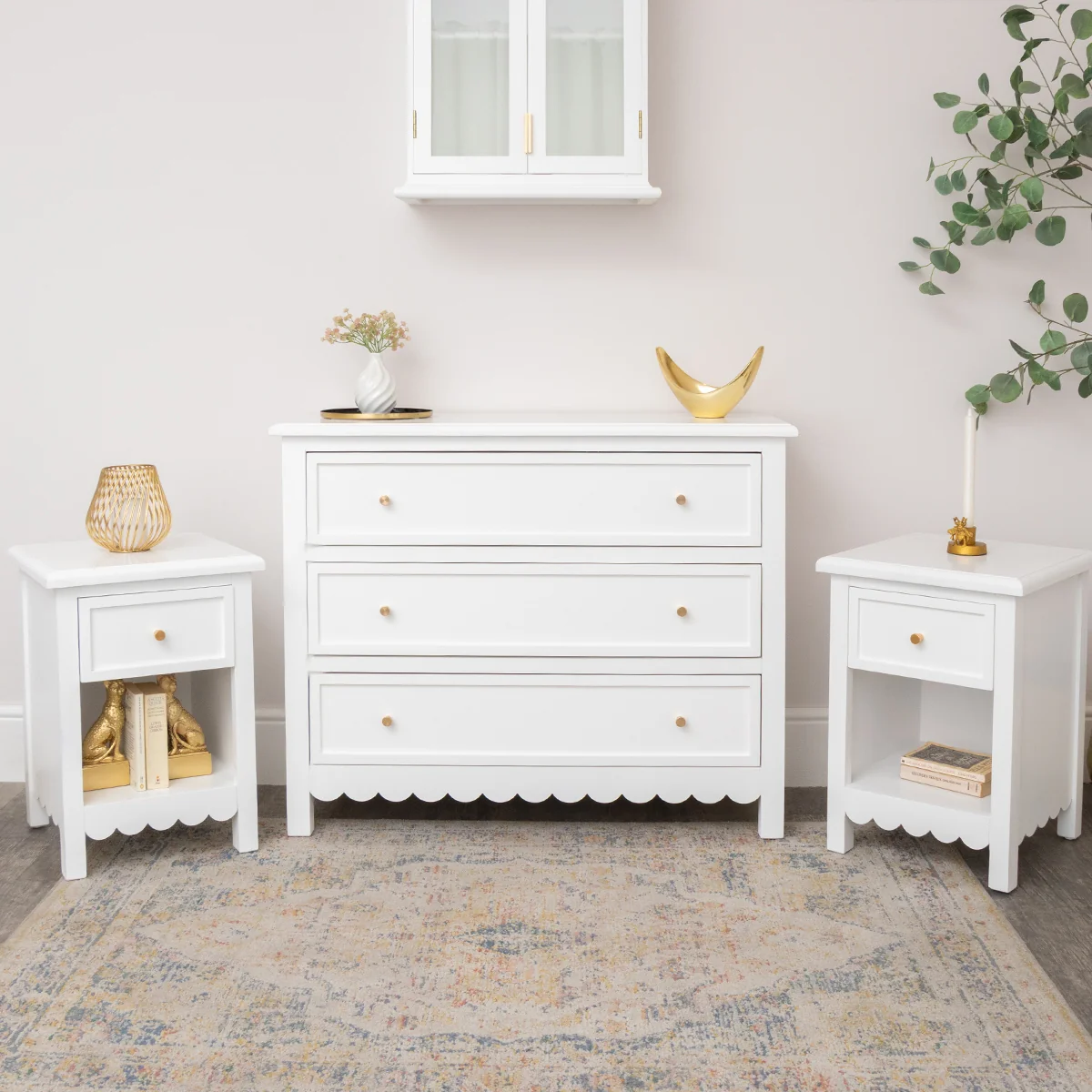 User-Friendly Large Scalloped 3 Drawer Chest of Drawers Pair of Bedside Tables – Staunton White Range Quality