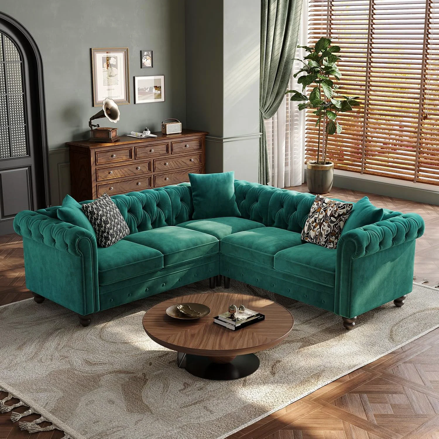Original Design Chesterfield L-Shaped Sectional Sofa Velvet 5 Seater Counch with 3 Throw Pillows Tufted Corner Couch with Rolled ArmrestChesterfield L-Shaped Sectional Sofa Velvet 5 Seater Counch with 3 Throw Pillows Tufted Corner Couch with Rolled Armrest Consistent
