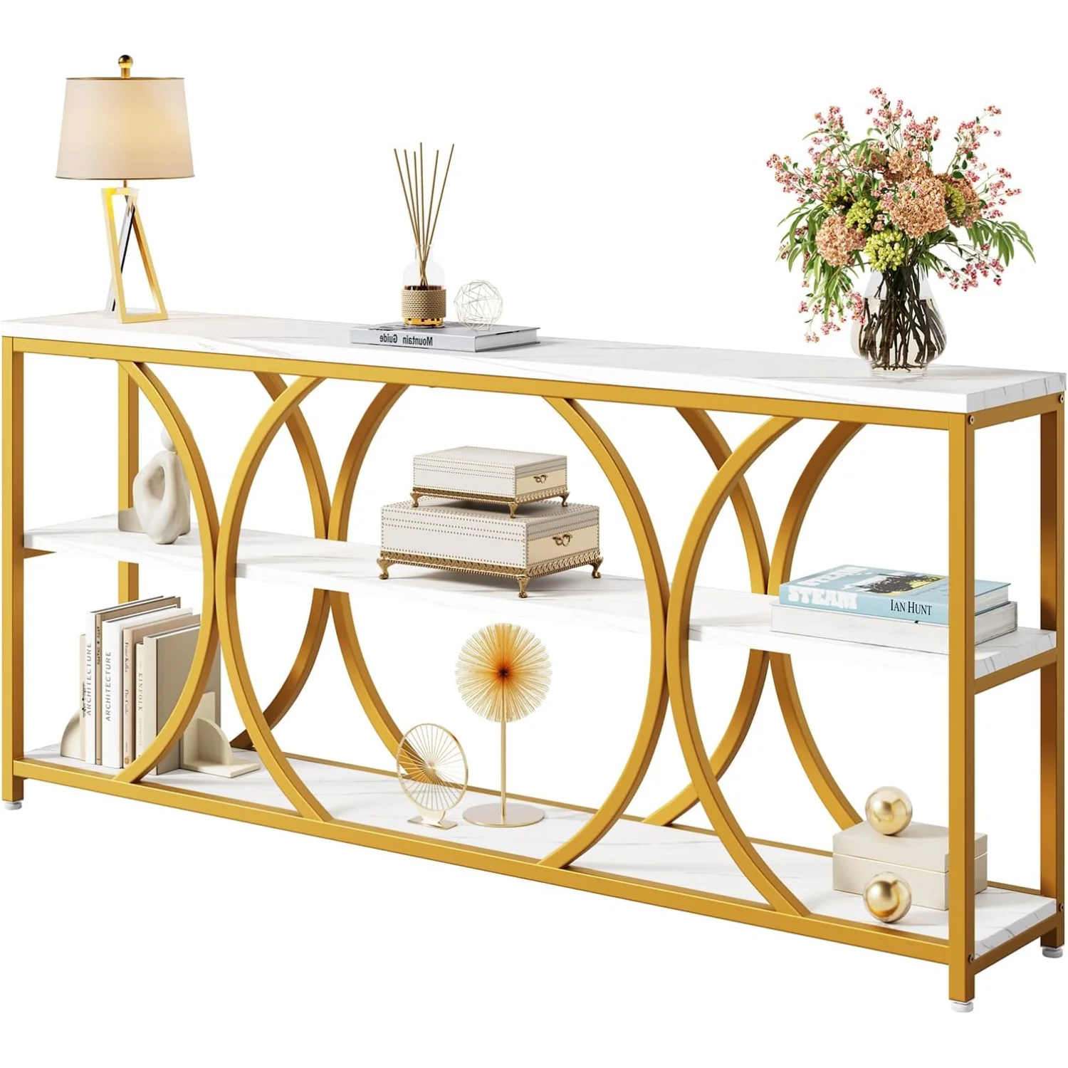 Fine 70.8 inches Console Table Sofa Table Extra Long Entryway Table with 3 Tier Storage Shelves and Faux Marble Tabletop70.8 inches Console Table Sofa Table Extra Long Entryway Table with 3 Tier Storage Shelves and Faux Marble Tabletop Easy-to-Use