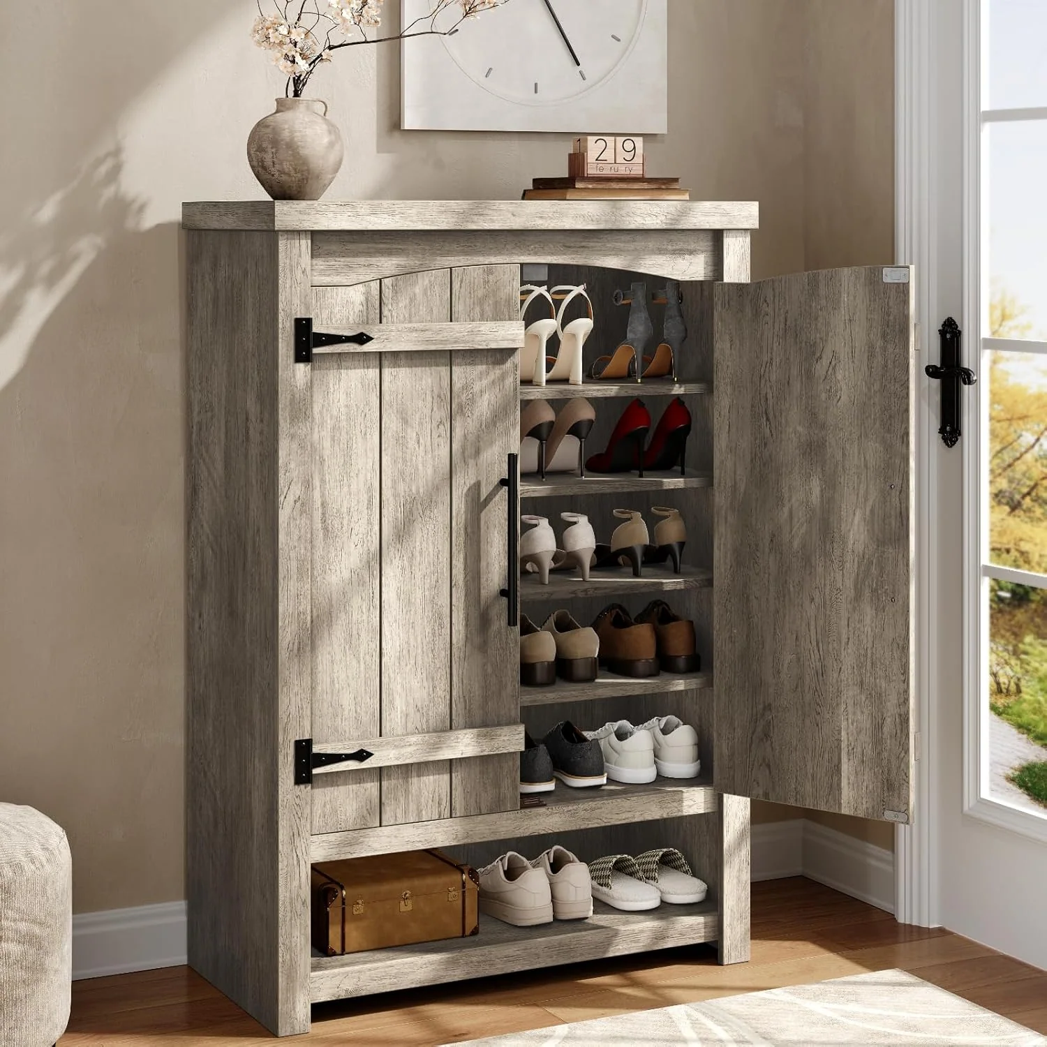 Classic 6 Tier Shoe Cabinet with Doors Farmhouse Shoe Organizer with Adjustable Shelves Shoe Storage Cabinet Rustic Wooden Shoe Organizer6 Tier Shoe Cabinet with Doors Farmhouse Shoe Organizer with Adjustable Shelves Shoe Storage Cabinet Rustic Wooden Shoe Organizer Carefully Designed