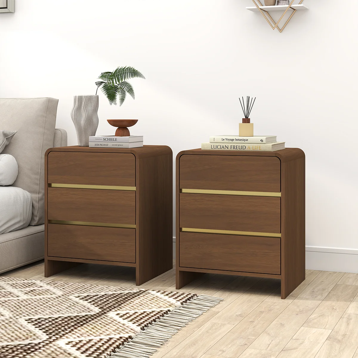 Professional Pair of Walnut Brown 3 Drawer Bedside Tables – Meridian Walnut Range Refined