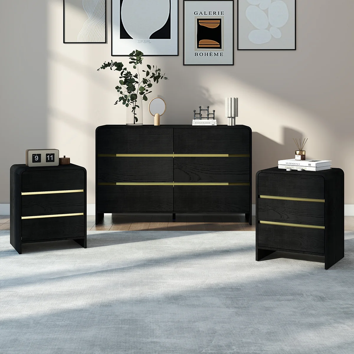 Outstanding Black Chest of Drawers and Pair of 3 Drawer Bedside Tables – Meridian Black Range Contemporary