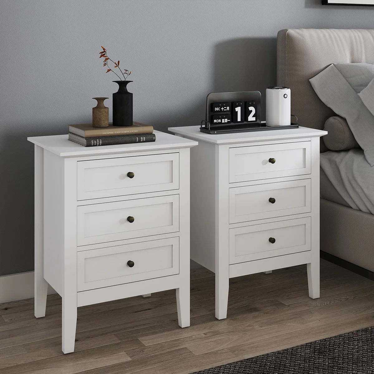 Secure Pair of 3 Drawer Bedside Tables – Rowley White Range Trendy