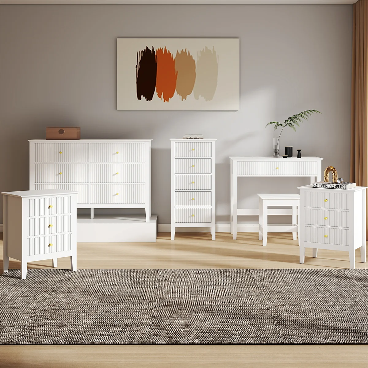Powerful 6 Drawer Chest of Drawers Tall 5 Drawer Bedside Table Pair of 3 Drawer Bedside Tables and Dressing Table Set – Hales White Range Solid