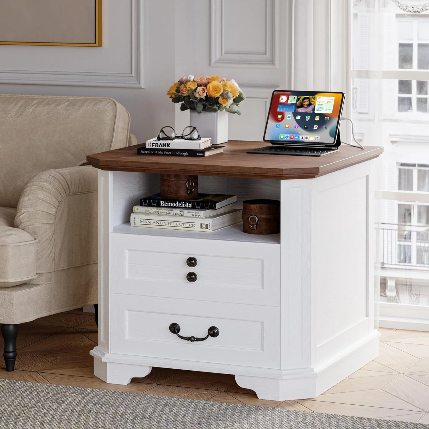 High-Grade Night Stand Farmhouse Bedside Table End Table with Charging Station Large Sofa Side Table with 2 DrawersNight Stand Farmhouse Bedside Table End Table with Charging Station Large Sofa Side Table with 2 Drawers High-End