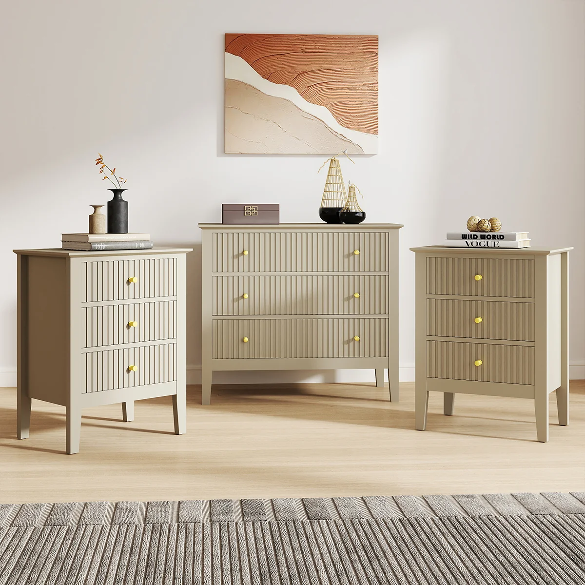Smooth 3 Drawer Chest of Drawers and Pair of Bedside Tables – Hales Taupe Range Sophisticated