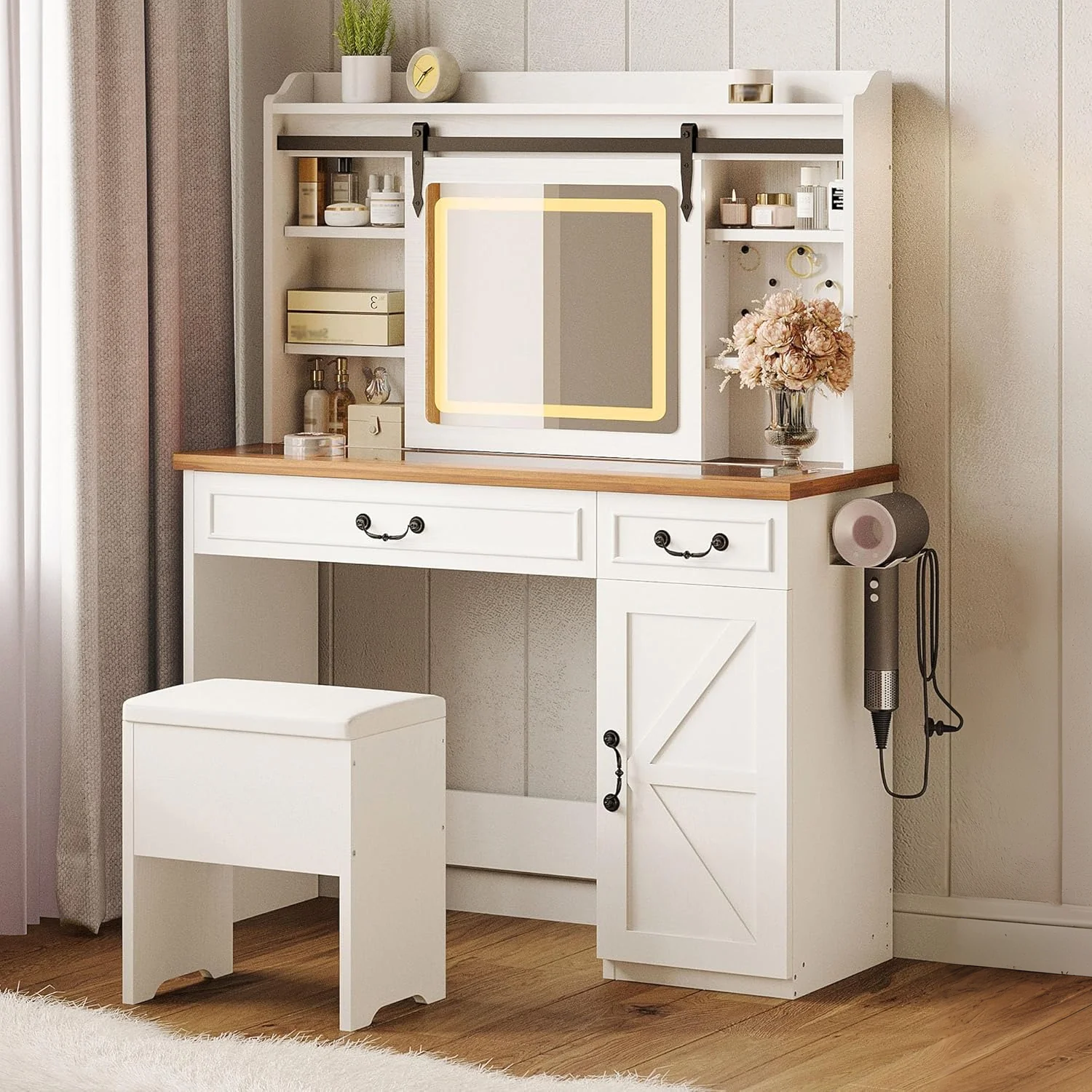 Optimized Vanity Desk Farmhouse Makeup Vanity Desk Big Vanity Set with Sliding Mirror and Lights Glass Tabletop Charging Station DrawersVanity Desk Farmhouse Makeup Vanity Desk Big Vanity Set with Sliding Mirror and Lights Glass Tabletop Charging Station Drawers User-Friendly