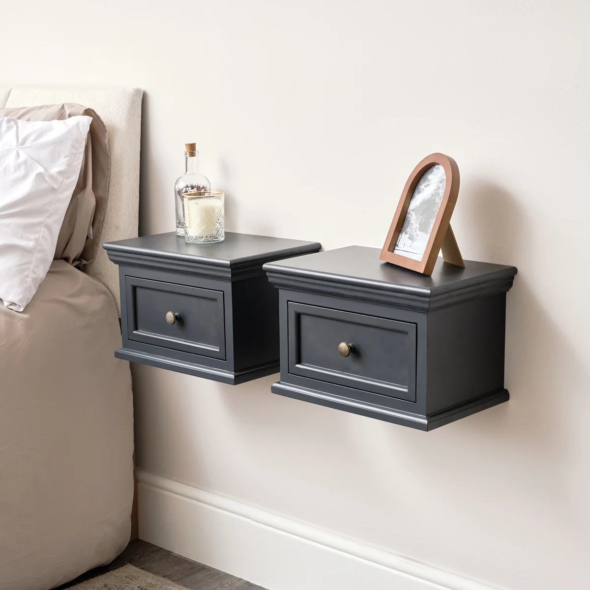 Effective Pair of Navy Black Wall Mounted Bedside Tables – Daventry Navy Black Range Pure