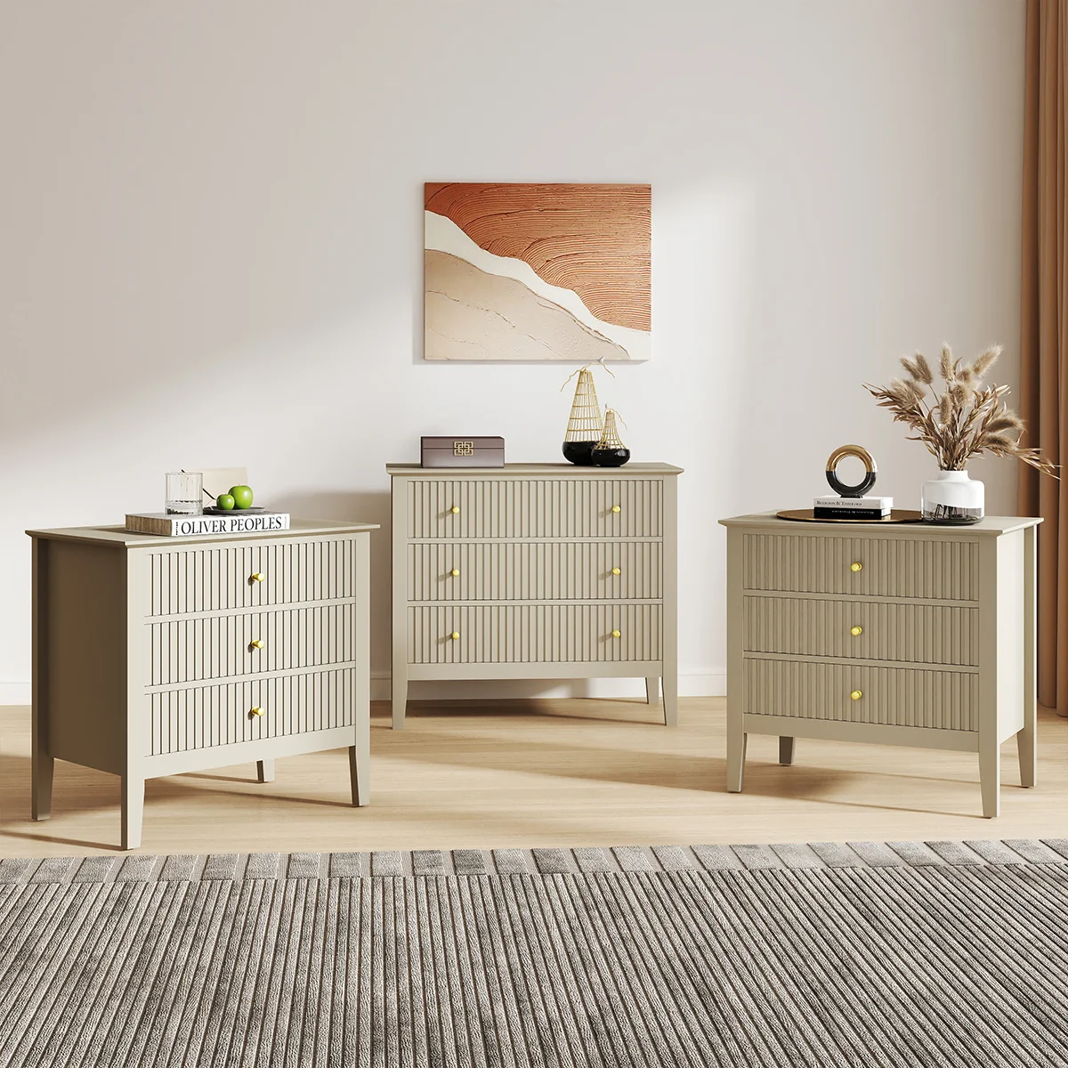 Advanced Wide 3 Drawer Chest of Drawers and Pair of Large Bedside Tables – Hales Taupe Range Sustainable