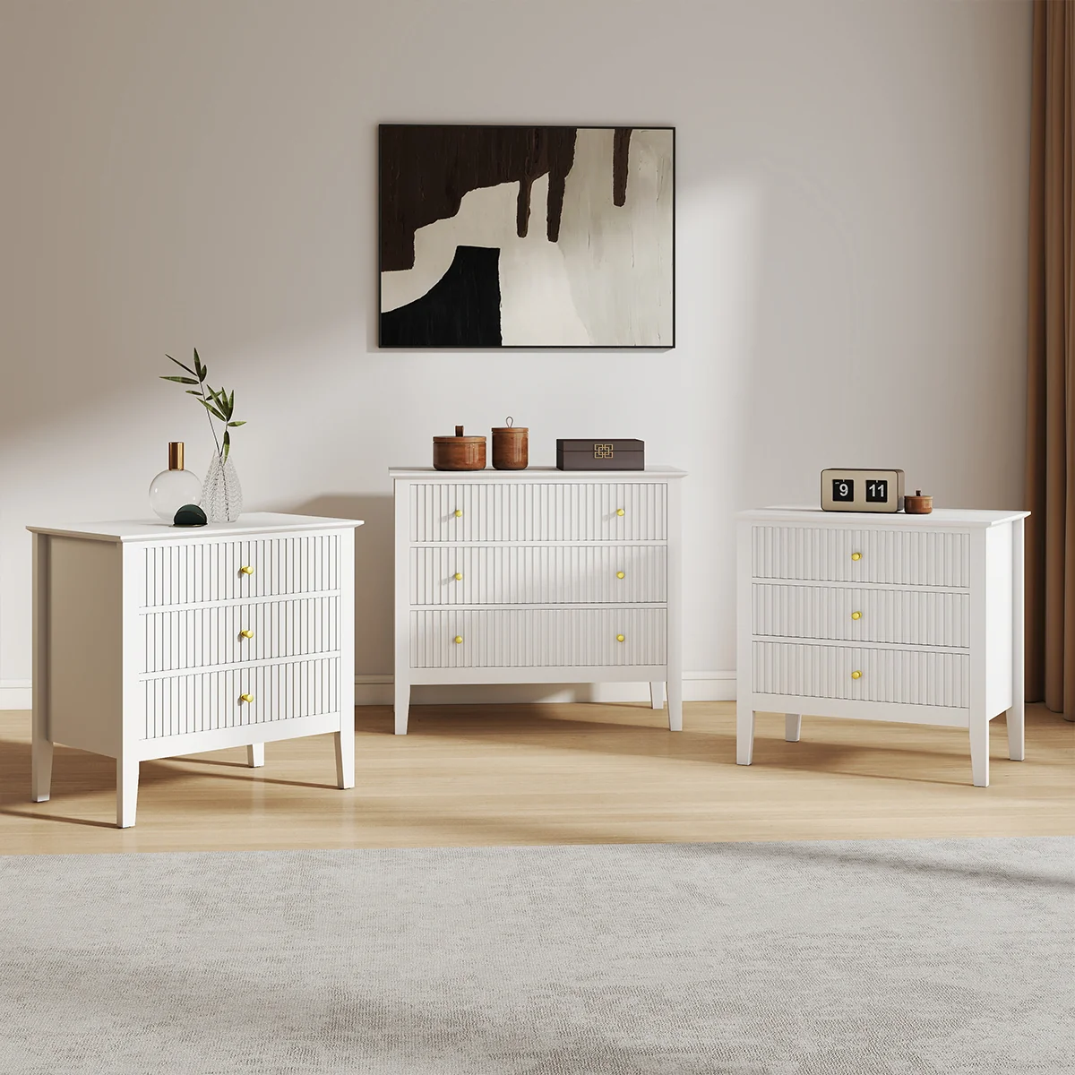 Modern Wide 3 Drawer Chest of Drawers and Pair of Large Bedside Tables – Hales White Range Selected