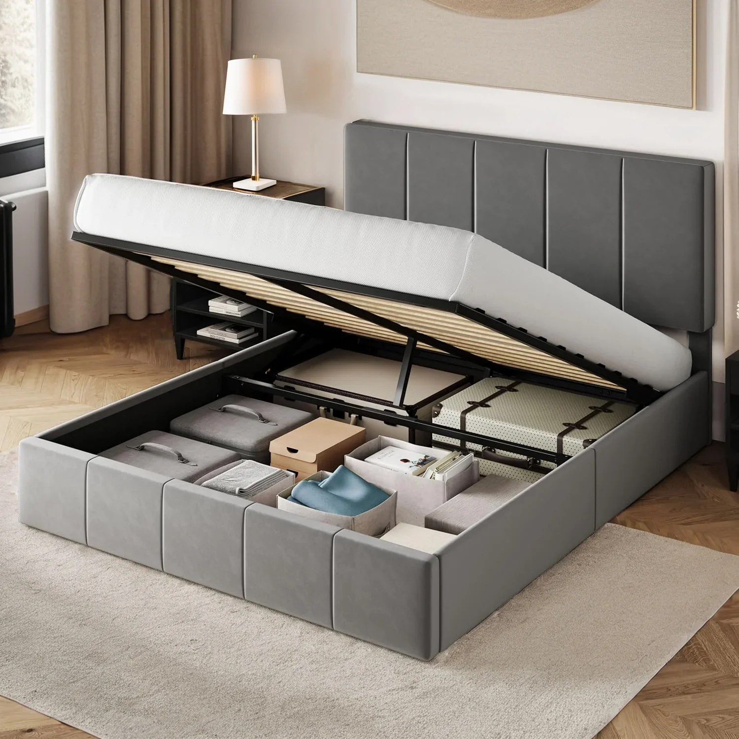 High-End Upholstered Platform Bed Velvet Lift Up Storage Bed Frame with Vertical Channel Tufted Headboard Hydrualic Underneath Storage Wooden Slats SupportUpholstered Platform Bed Velvet Lift Up Storage Bed Frame with Vertical Channel Tufted Headboard Hydrualic Underneath Storage Wooden Slats Support Eco-Friendly