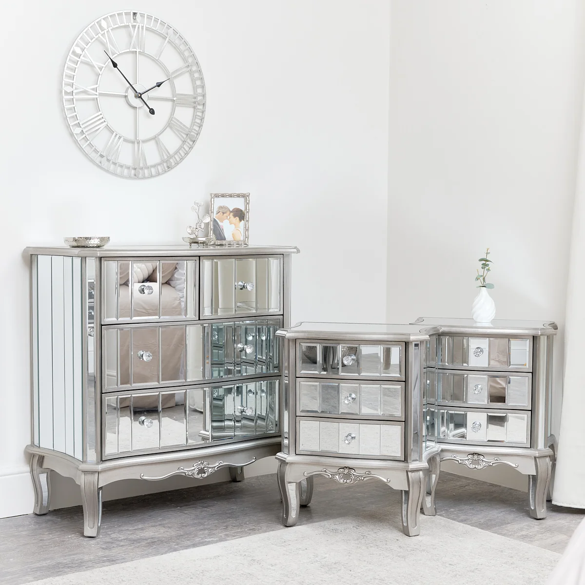 Casual Silver Mirrored Chest of Drawers Pair of 3 Drawer Bedside Tables – Tiffany Range Eco-Friendly