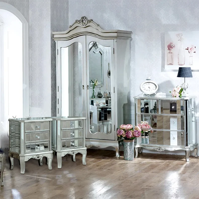 Original Design Silver Mirrored Double Wardrobe Chest of Drawers and Pair of Bedside Tables – Tiffany Range Selected