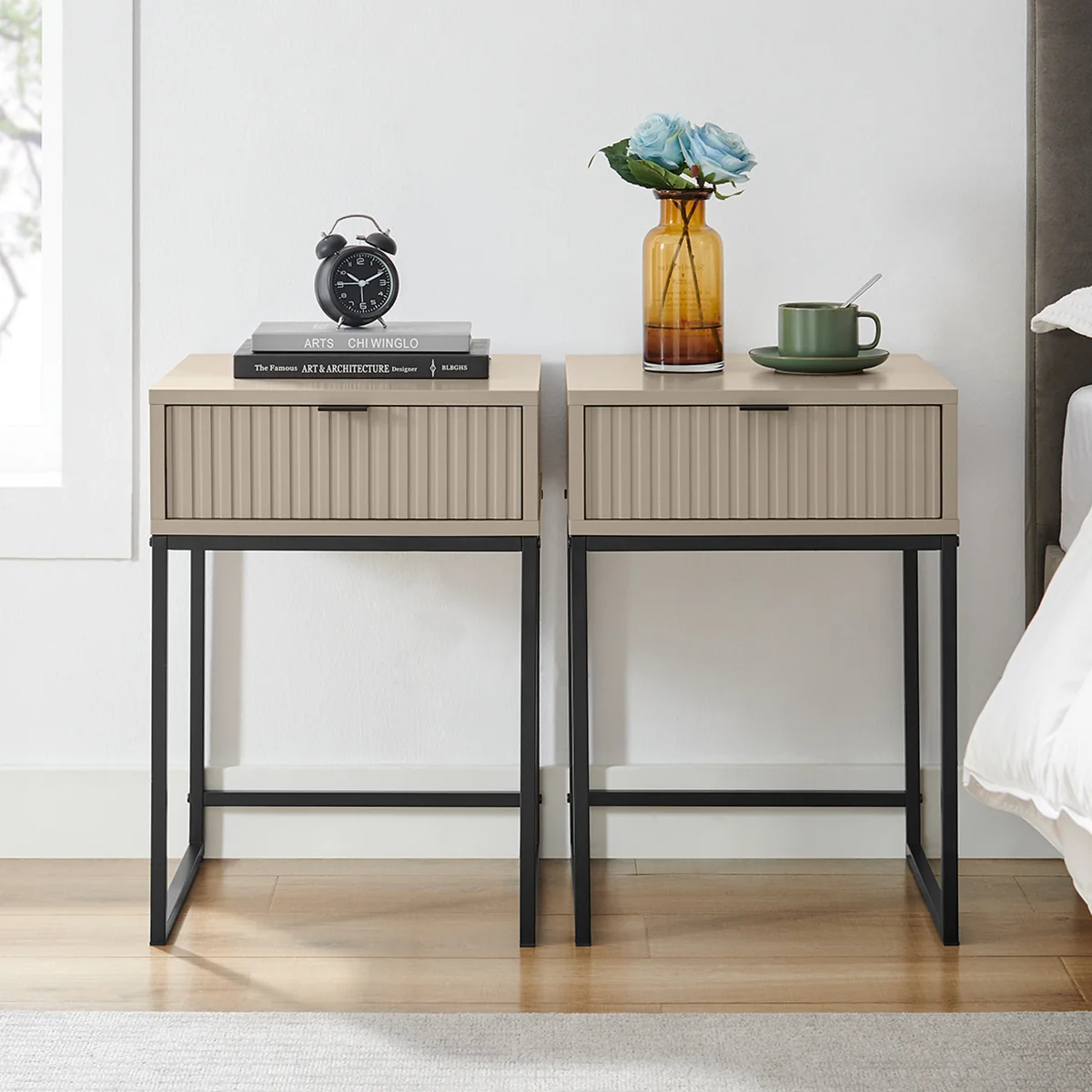 Secure Pair of One Drawer Bedside Tables – Hesley Taupe Stone Range Fast