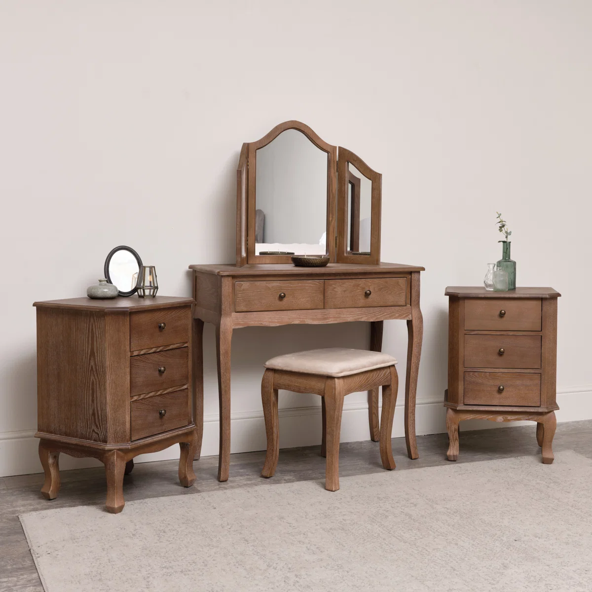 Classic Dark Wood Dressing Table Desk with Triple Mirror Stool and Pair of Bedside Tables – Ashwell Range Stylish