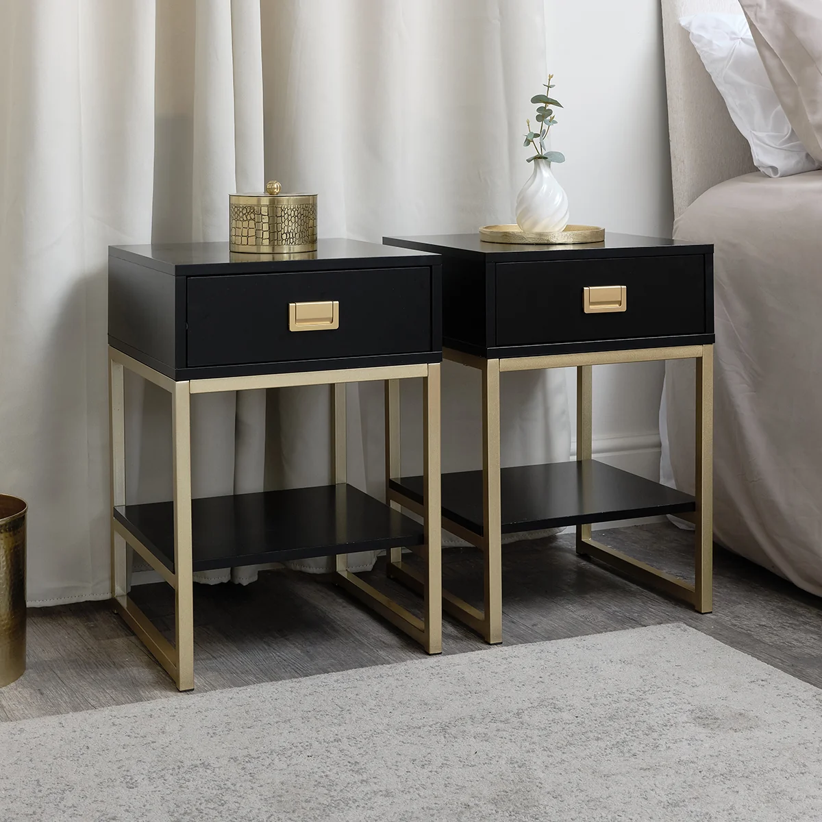 Authentic Pair of One Drawer Bedside Tables – Elle Black Range Contemporary