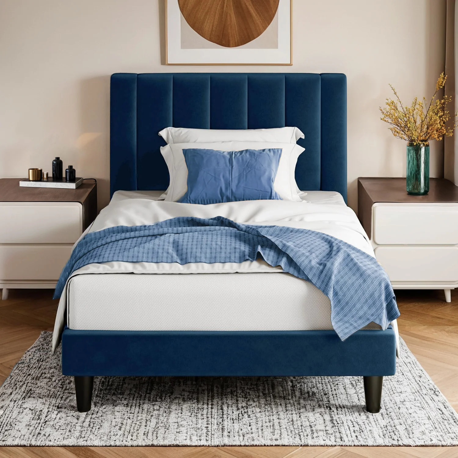 Carefully Designed Twin Velvet Upholstered Platform Bed Frame with Vertical Channel Tufted Headboard Strong Wood Slat Support No Box Spring NeededTwin Velvet Upholstered Platform Bed Frame with Vertical Channel Tufted Headboard Strong Wood Slat Support No Box Spring Needed Relaxed