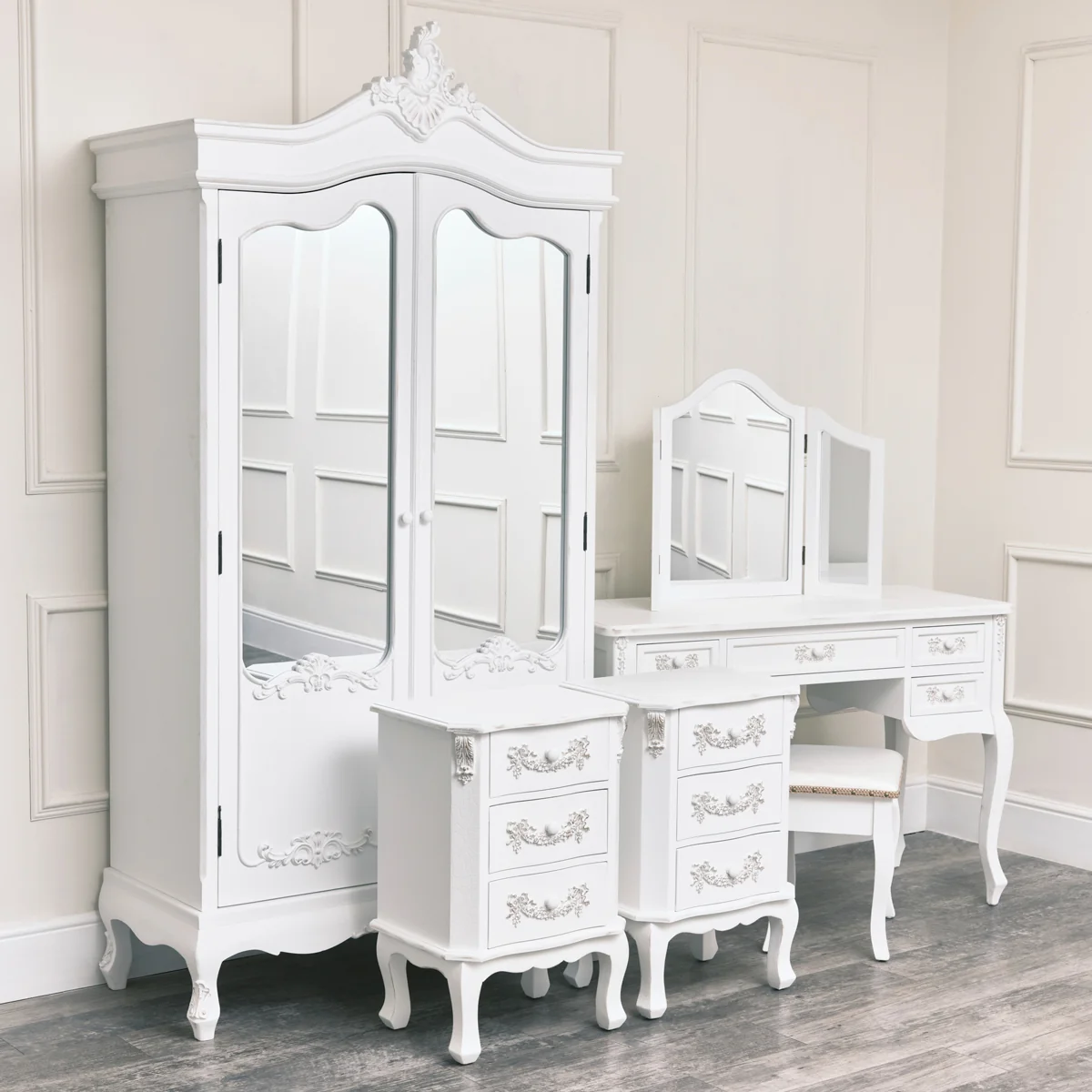 Organic Large Double Wardrobe Dressing Table Set Pair of 3 Drawer Bedside Tables – Pays Blanc Range Casual