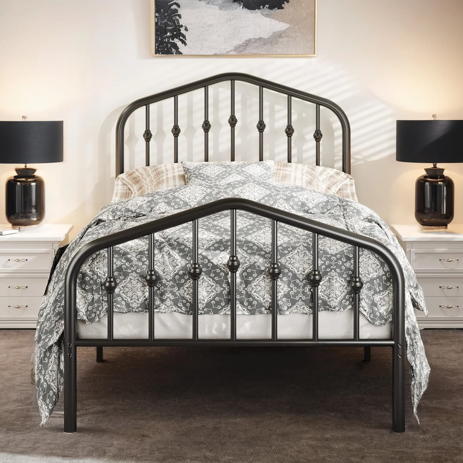 Durable Twin Size Vintage Metal Platform Bed Frame with Headboard and Footboard No Springs RequiredTwin Size Vintage Metal Platform Bed Frame with Headboard and Footboard No Springs Required Fine