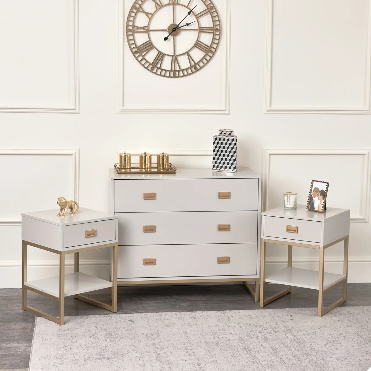 Sophisticated Large 3 Drawer Chest of Drawers and Pair of Bedside Tables – Elle Stone Range Trendy