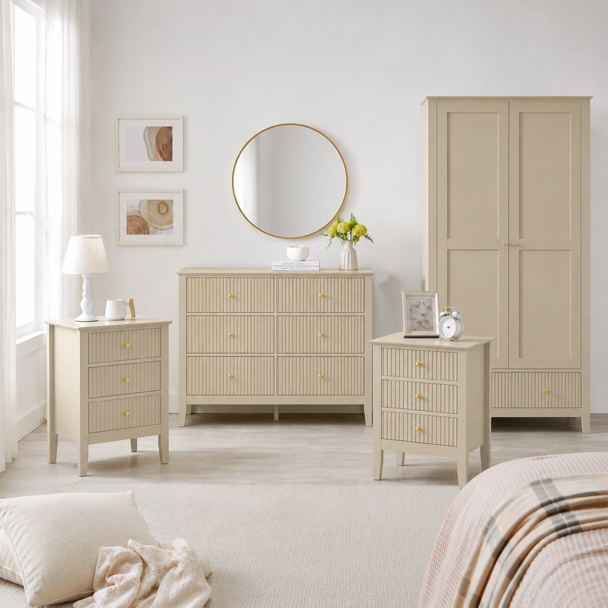 Trendy Double Wardrobe Chest of Drawers Pair of Bedside Tables – Hales Taupe Range Natural
