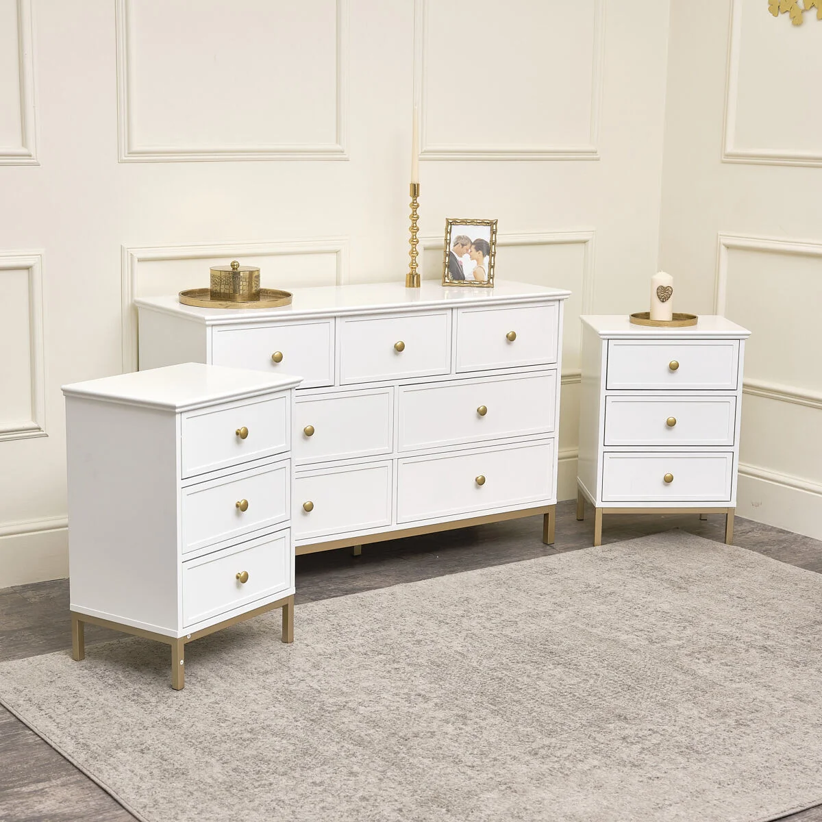 Casual Large Chest of Drawers Pair of Bedside Tables – Aisby White Range Crafted
