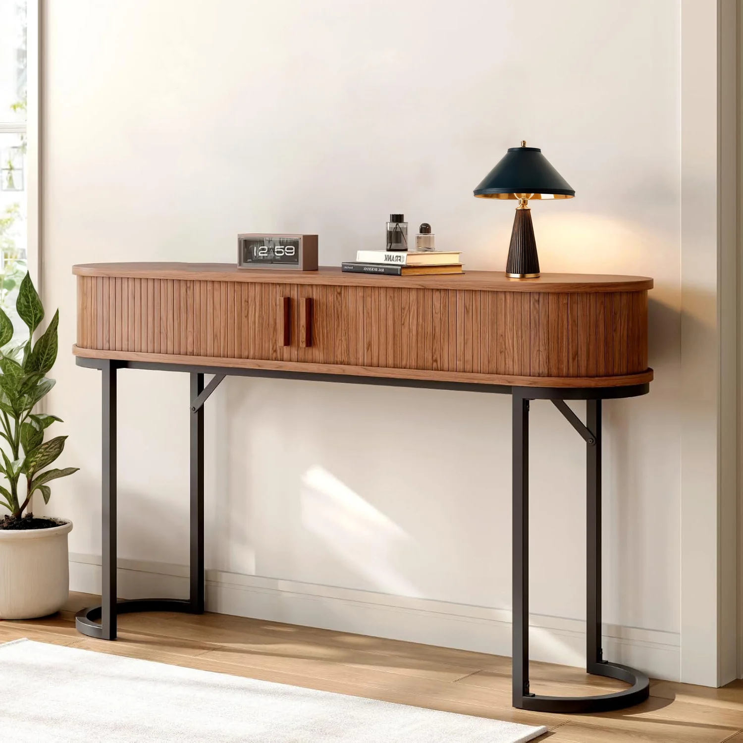 First-Class Entryway Table Narrow Console Table 55 Inch Fluted Sofa Table with Storage Sliding Tambour Doors and Metal LegsEntryway Table Narrow Console Table 55 Inch Fluted Sofa Table with Storage Sliding Tambour Doors and Metal Legs Fine